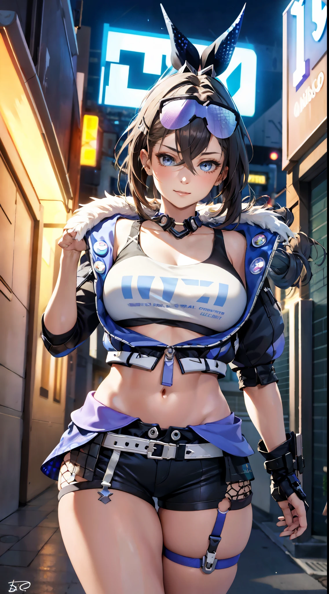 realistic beautiful woman, 1girl, thick thighs, ultra short shorts, simetall, street graffiti, happy expression, cinematic lighting, dramatic colors, poster style, detailed facial features, beautiful eyes, intricate hair, dynamic pose, volumetric lighting, highly detailed, 8k, photorealistic, masterpiece, (best quality:1.2), (realistic:1.37)