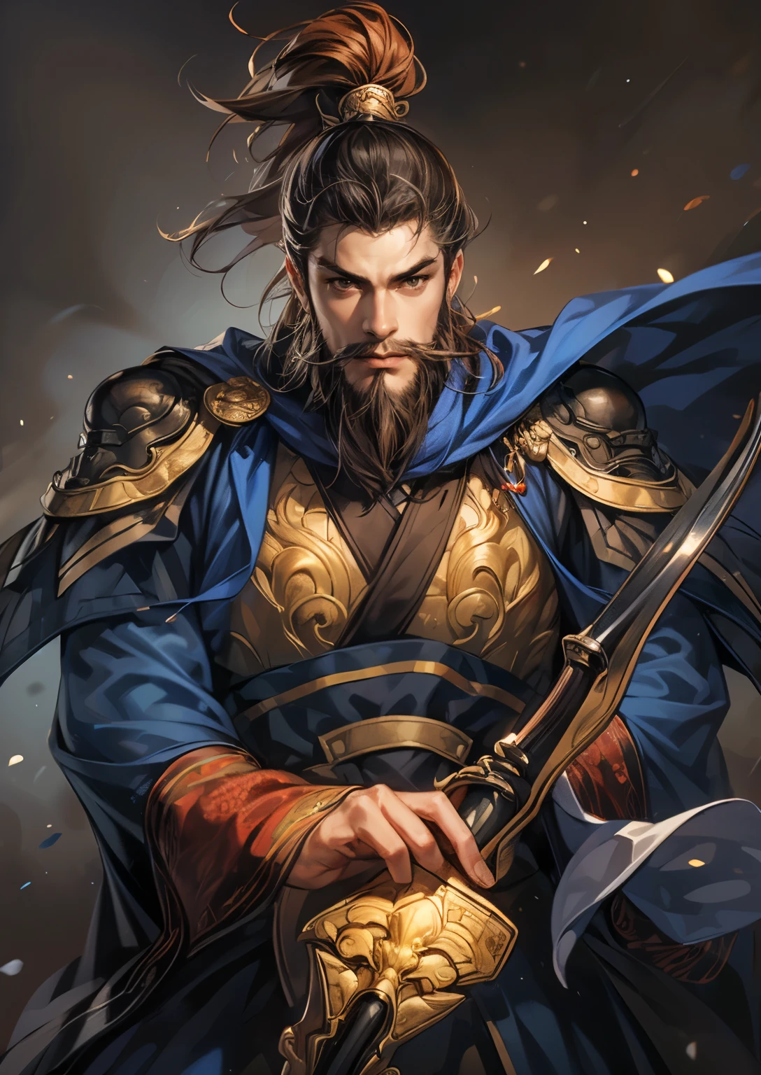 ((( picture style maintenance ))), Koei Three Kingdoms illustration, Maintain the composition, charming man , perfect face, Natural Hands , ergonomic hand , Shogun holding a weapon , (( Dark Hair)), (middle age), (( rich beard)), ((middle age의 남성)), Seasoned male , ((Beard2Alpha:1.5))