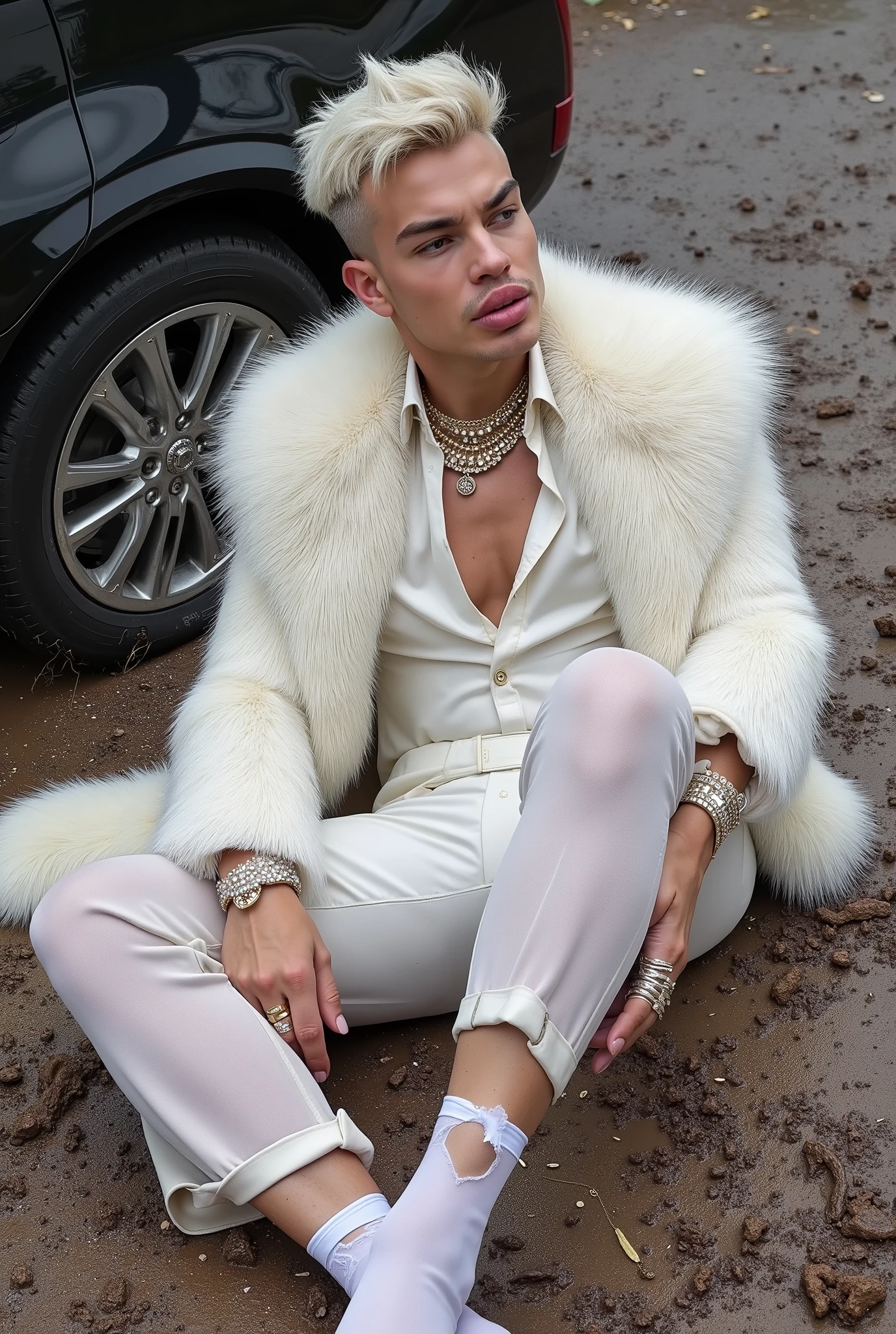 full body photo of a a wealthy white man well dressed, in sumptuous white pattern sheer nylon-socks, no shoes, dapper silky white suit, white fur coat, lots of gold with precious stones rings, bracelets, necklaces, blond with a very chic short haircut, deeply lifted face, siliconed inflated flxBimboLips963 lips, he was violently taken out of his car by 2 thugs who beat him, dirtied and robbed him. he's sprawled out on muddy ground in his sheer dirty sweaty torn socked feet, screaming fear
