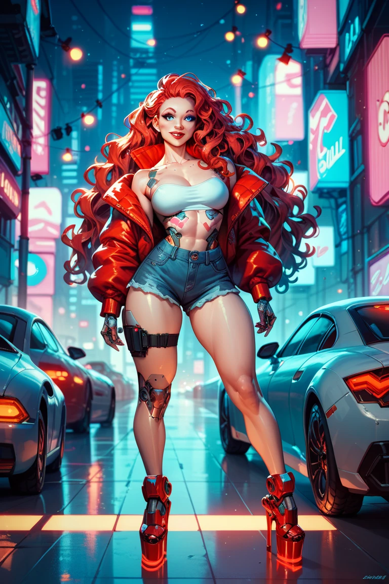 best quality,4k,8k,highres,masterpiece:1.2),ultra-detailed, extremely detailed eyes, extremely detailed body, (large masterpiece digital art), (detailed manga illustration), (detailed line art), ((perfect ???????)), (intricate details:1.3), (ultra-detailed:1.3), (illustration:1.3), (sharp focus:1.3), (natural lighting:1.05), (vivid colors:1.3), (masterpiece), (best quality:1.4), (perfect ???????:1.4), high quality, expressive eyes, full body, detailed face, beautiful face, perfect face, 1 girl, breasts, cleavage, gloves, large breasts, ultramarine jacket, very long hair, thigh length hair, ({dark skin}), dark-skinned female, detailed ((red hair)), messy hair, green eyes, gloves, jacket, hourglass physique, casual outfit, denim shorts, sneakers, graphic t-shirt, dynamic lighting, cityscape background curvy, Atey Ghailan, Jeremy Mann, Greg Manchess, Antonio Moro, trend in ArtStation, trend in CGSociety, Intricate, High Detail, Sharp focus, dramatic and photorealistic painting art by Midjourney and Greg Rutkowski, Jeff Bridges, ((cartoon style)), Marvel Cinematic Universe style, (((Boston in the background))), soft bokeh of Boston