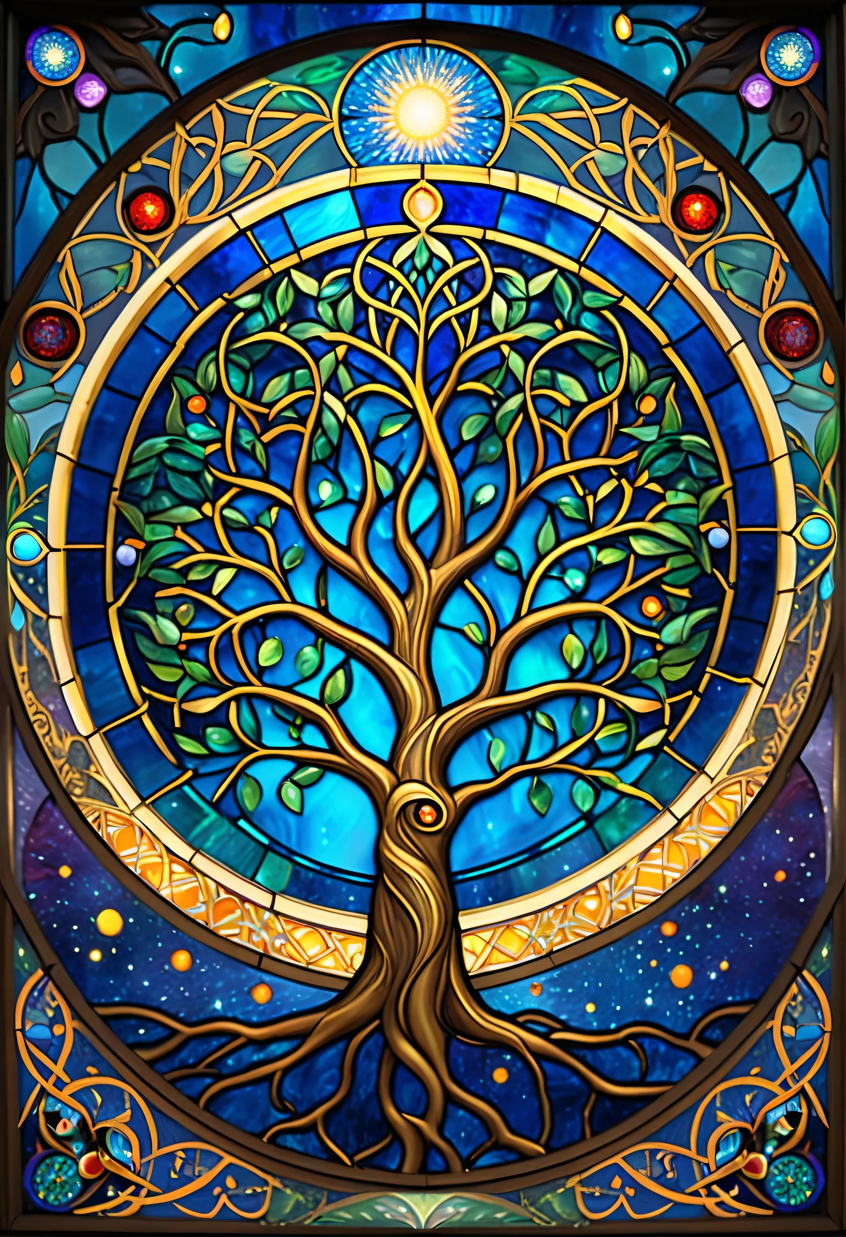 A stunning stained-glass artwork depicting the Tree of Life, with intricate geometric patterns and vibrant, multicolored mosaic pieces. The branches of the tree spread out in a circular shape, filled with glowing orbs and cosmic elements, representing the universe and the cycle of life. The background consists of radiant, kaleidoscopic stained-glass tiles in shades of blue, gold, red, and green, creating a mesmerizing, spiritual, and ethereal atmosphere. Ultra-detailed, highly artistic, luminous, and rich in texture, inspired by sacred geometry and fantasy aesthetics.