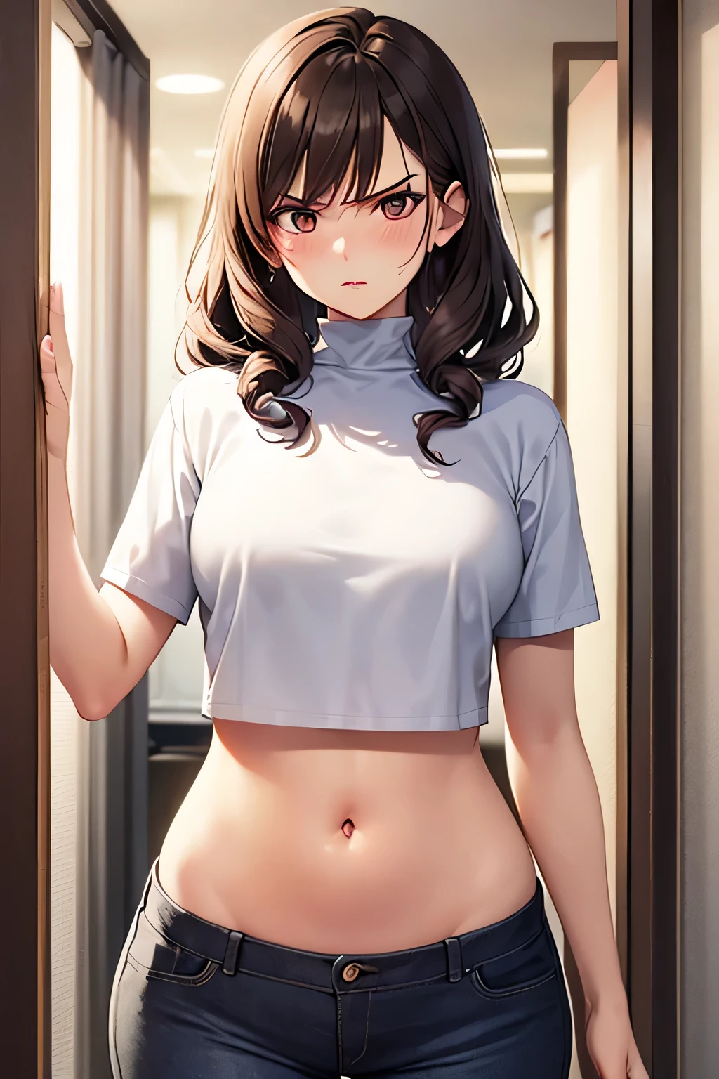 (best quality), (masterpiece), 1 girl, early 20's, small breasts, busty, perky breasts, thick, thick lips, wide hips, thin waist, wearing pink tank top, wearing brown skirt, wearing black leggings