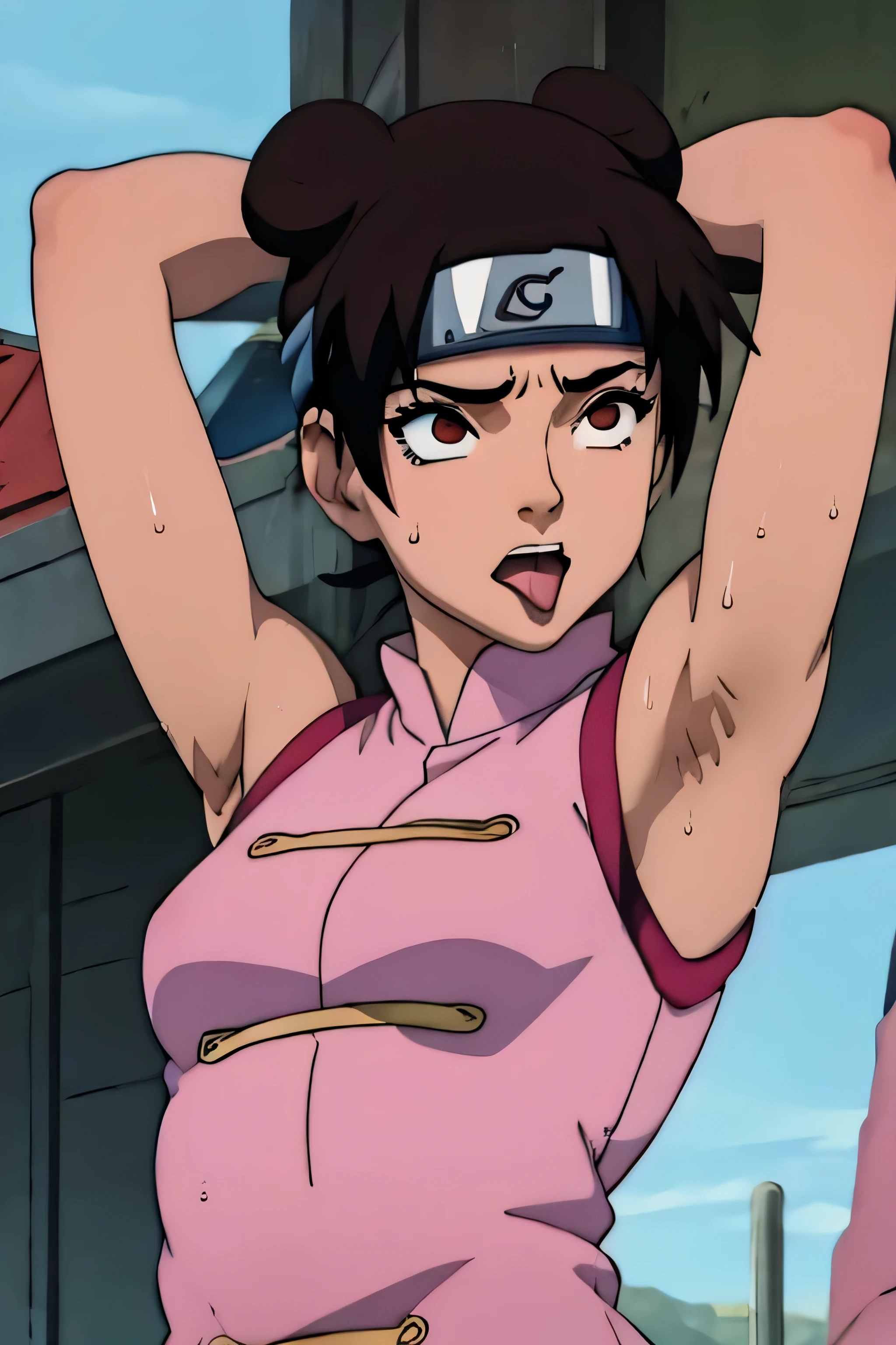 Tenten,human woman.with brown eyes and pink clothing. Her hair is long and brown in color; She is beautiful. Fair skin.Tsundere face. Pink eye shading,mature appearance,armpits,sweat,sweaty,sweaty armpits,arms up,showing armpits,awesome armpits,tongue
