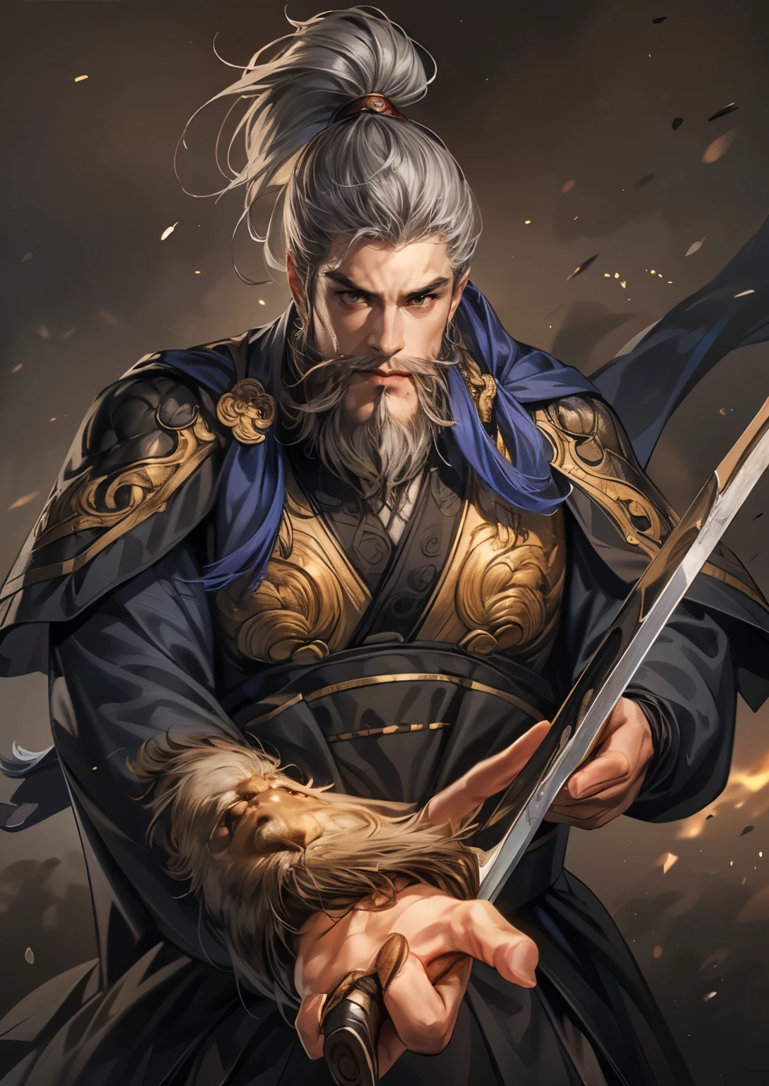 ((( picture style maintenance ))),  Koei Three Kingdoms illustration, Maintain the composition,  charming man ,  perfect face,  Natural Hands , ergonomic hand , Shogun holding a weapon , ((Gray hair)), (old age), (( rich beard)), ((old age의 남성)), Seasoned male , ((Beard2Alpha:1.5))