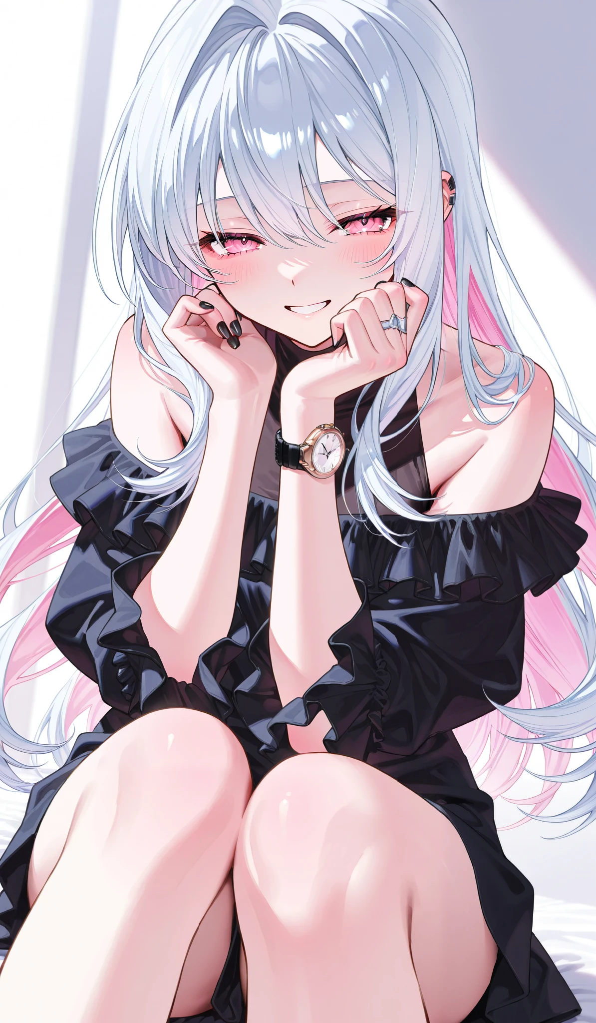 one woman、White Hair、 pink inner color hair、Intake、 pink eyes、 with semi-closed eyes 、 shy expression、 long hair、 wave hair、Black Nails、 Ruffled Clothes 、 indoor、 Sitting、 smile、Watch Viewers、
Masterpiece、 top quality、