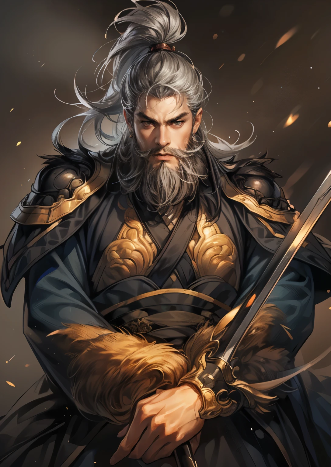 ((( picture style maintenance ))), Koei Three Kingdoms illustration, Maintain the composition, charming man , perfect face, Shogun holding a weapon , ((Gray hair)), (old age), (( rich beard)), ((old age의 남성)), Seasoned male , ((Beard2Alpha:1.5))