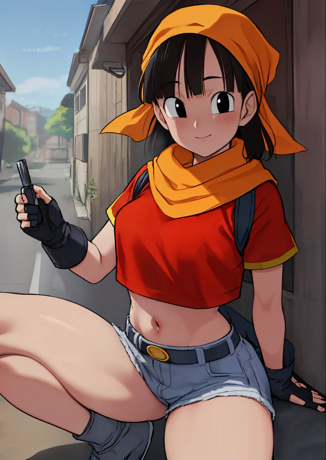 masterpiece, The best quality, The highest quality, photorealistic, perfect anatomy, Perfect face, perfect eyes,
pandballgt, 1 , black eyes, black hair, short hair, orange scarf, pants, fingerless gloves, red shirt, Crop above, exterior, , Women,((Show panties)), ((show legs)),pose sexy, (((show legs))),