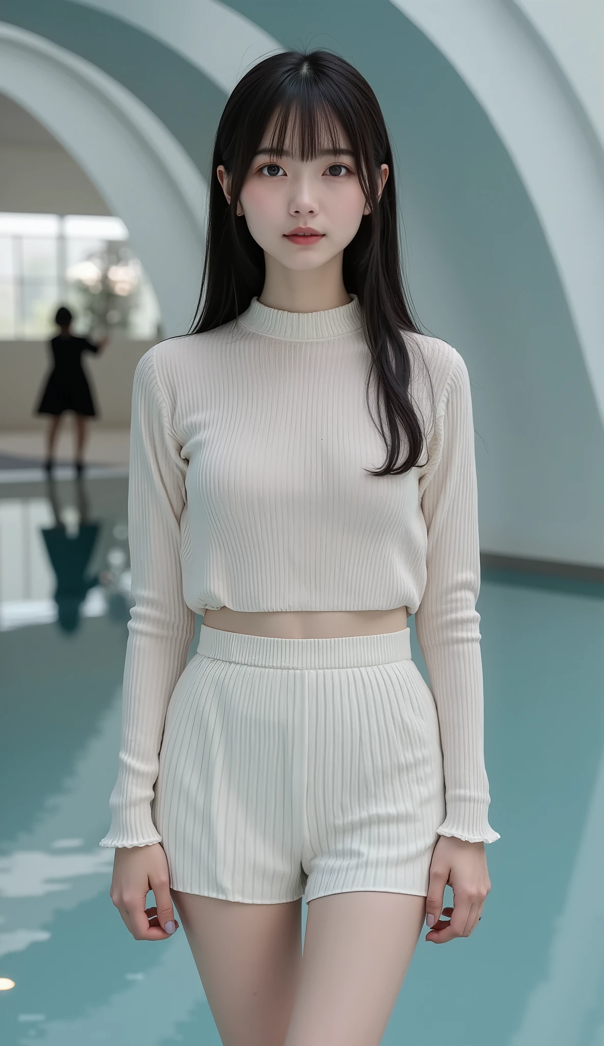 8k, super high resolution ,   top quality,  masterpiece,rule of thirds,golden ratio, surreal, photos,  one woman,(  girl:1.3), cute, cute顔, Beautiful Eyes in Every Detail , 細かく Details, Mature Women, princess,full body,smile, black hair,Long layers,ID photo,future, Brutal Cyberpunk Woman , luxurious and beautiful ,((summer knitted sweater )), (( micro mini skirt)), ((Knee-high socks)),Short sleeve, very delicate expression ,  delicate eye description,,  Healthy Body , (( 1 female)), Height: 160cm, (( thin thighs)) ,(  thin waist:1.4)、( Beautiful :1.4),  pink lips, profile,(((  ideal figure))),Small bust, A cup :2,、 portraits:2、  perfect anatomy 、鮮明な  Details、  Details, thin lips,Perfect and beautiful face  ,完璧で cute顔,   Meticulous Skin  ,  Perfect Limbs 、  thin waist,  surreal,Light and Dark,  fashion magazine cover,glowing 