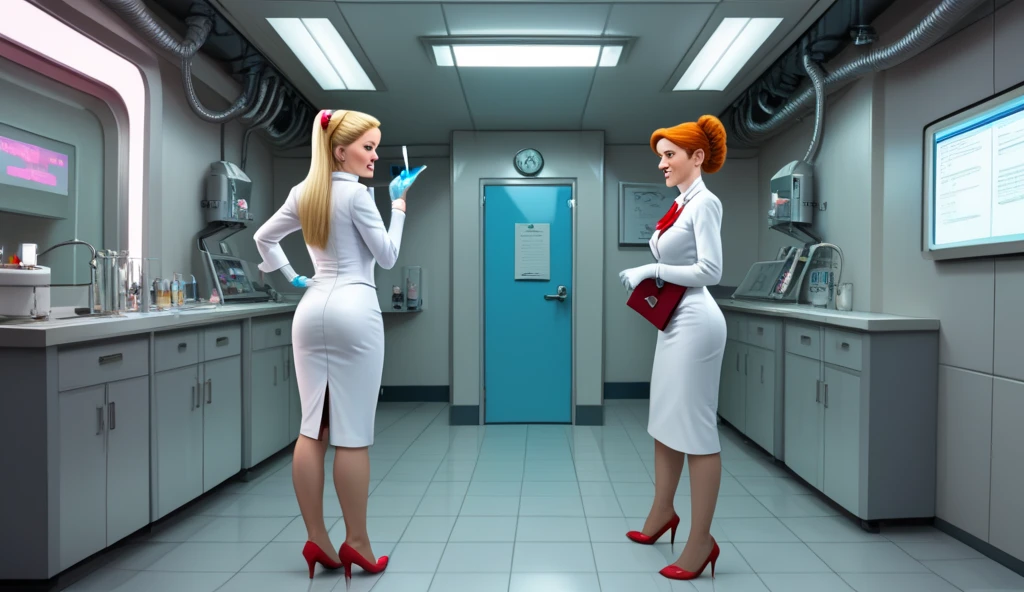 futuristic woman wearing a short white dress, orange hair, in an office, <lora:Drawings_Pierre_Joubert_Style:0.8> Pierre Joubert, Sketch