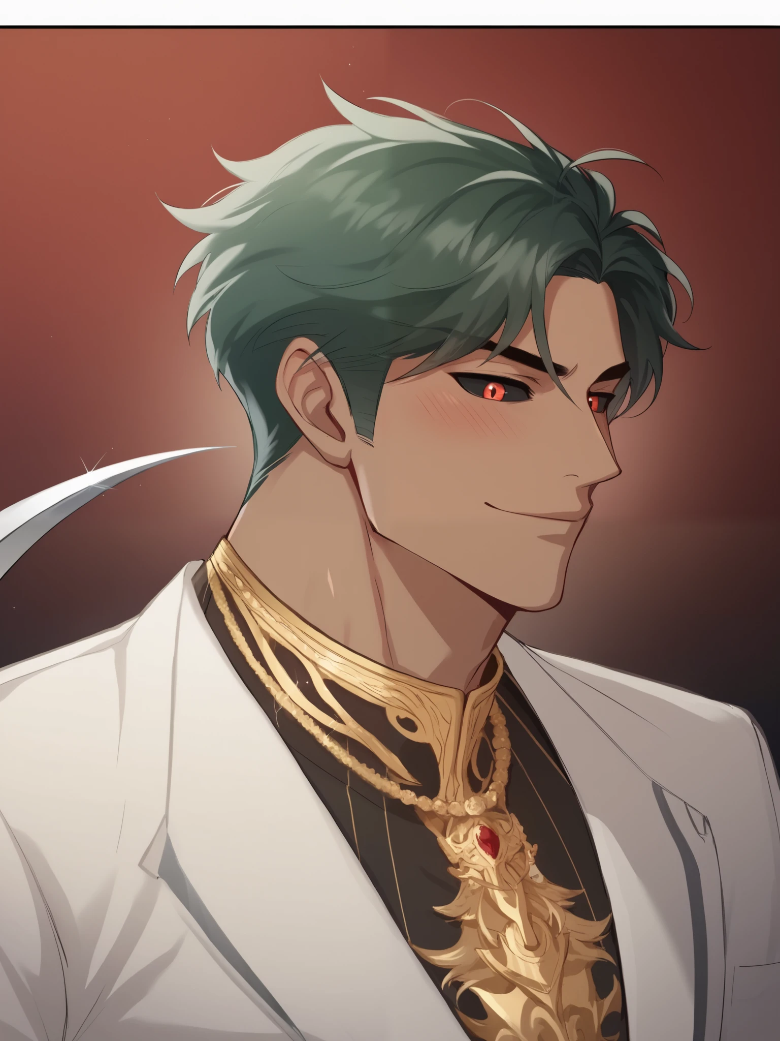 Score_9, score_8_up, score_7_up, score_6_up, 1male, mature male like, male fantasy attire, taller frame, upper view, dark skin, dark green hair, fluffy hair, Black sclera, red iris, devil smirk, blushing, wearing a formal outfit, golden jewelry, holding a long sickle, posing, detailed image, best quality,