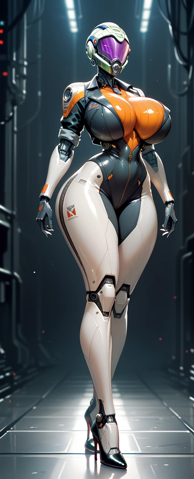 best quality, (ultra high res), 1girl, faceless, wide hips, narrow waist, covered nipples, solo, cyborgirl, cowboy shot, spaceship, chubby female, thick body, round butt, navel, ((jumping, dynamic pose: 1.1)), (wearing cyber bodysuit, cyber Helmet, detailed visor), covered body, full body portrait, high heels, stand on tiptoes, standing with legs apart, (simple gray background), cyber heels, ((dynamic pose)), ((fullbody view)), (cinematic lighting)@waifuista