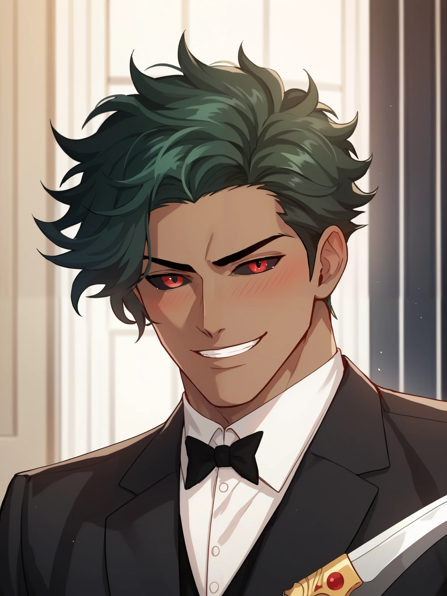 Score_9, score_8_up, score_7_up, score_6_up, 1male, mature male like, male fantasy attire, taller frame, upper view, dark skin, dark green hair, fluffy hair, Black sclera, red iris, devil smirk, blushing, wearing a formal outfit, golden jewelry, holding a long sickle, posing, detailed image, best quality,