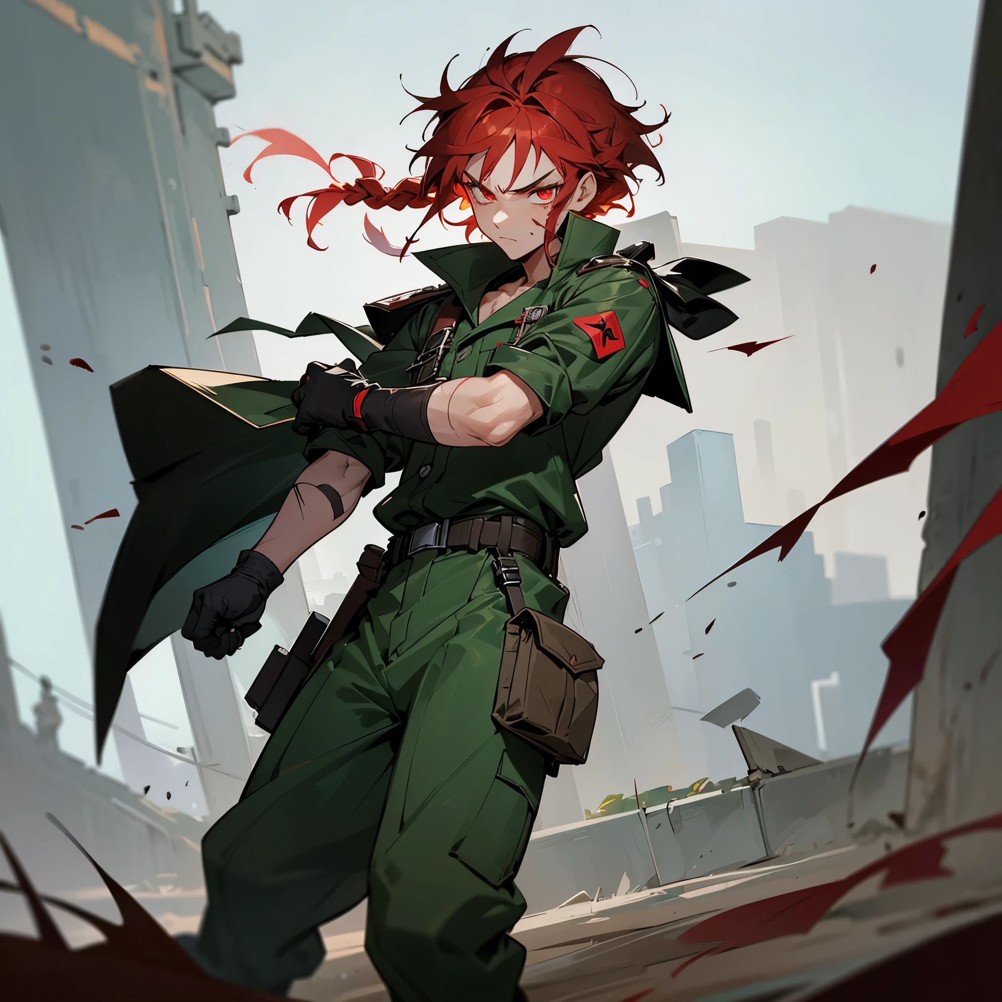 a male soldier on battle field, wounded, bleeding, clothes teared, painful facial expressions, one knee on the ground, one hand holding fist