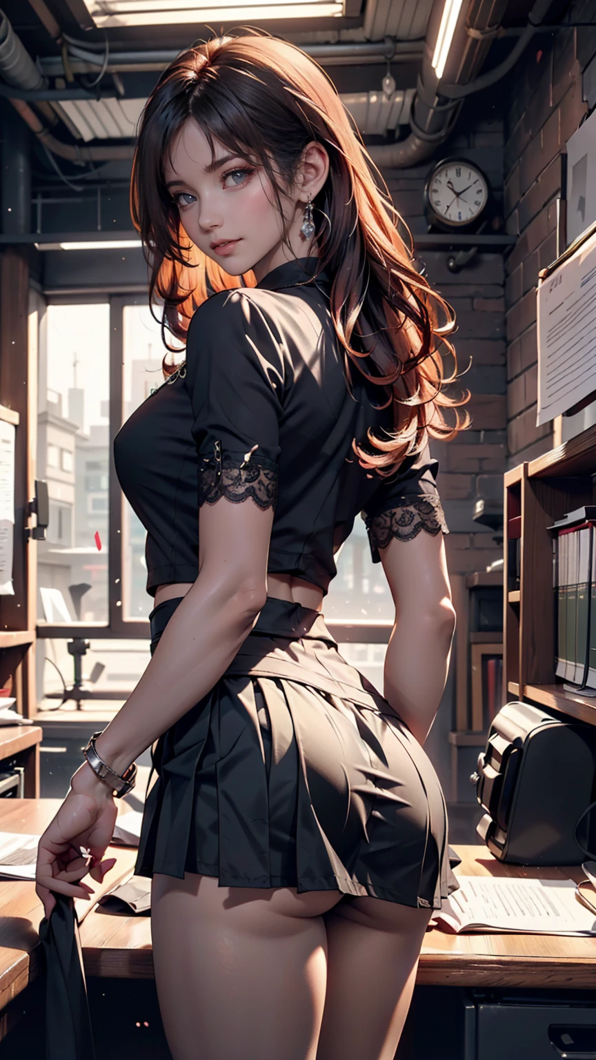 ((best quality)), ((masterpiece)), ((realistic)), ((office secretary wearing office clothes)) , ((short skirt seat at an office desk )), (( faint smile on face)), porcelain skin, photorealistic, (view from above), (film grain:1. 1), detailed eyes, choker, night time, silhouette <lora:more_details:1. 2 Hypersexual Caucasian Redhead, Standing on a sofa, Beautiful lingerie on it, revealing the pussy and chest, pecho grande, oversized buttocks, 8K resolution, Textura caramelo, burbujas brillantes, Grandes ojos verdes, Pecas, vagina peluda perfecta, Seductor completo, Puesta de sol de fondo de la ciudad, colores maravillosos, Detalles intrincados, Victoria's Secret Angel, cintura diminuta, De vuelta frente a nosotros, hiper sensual, desnudo,