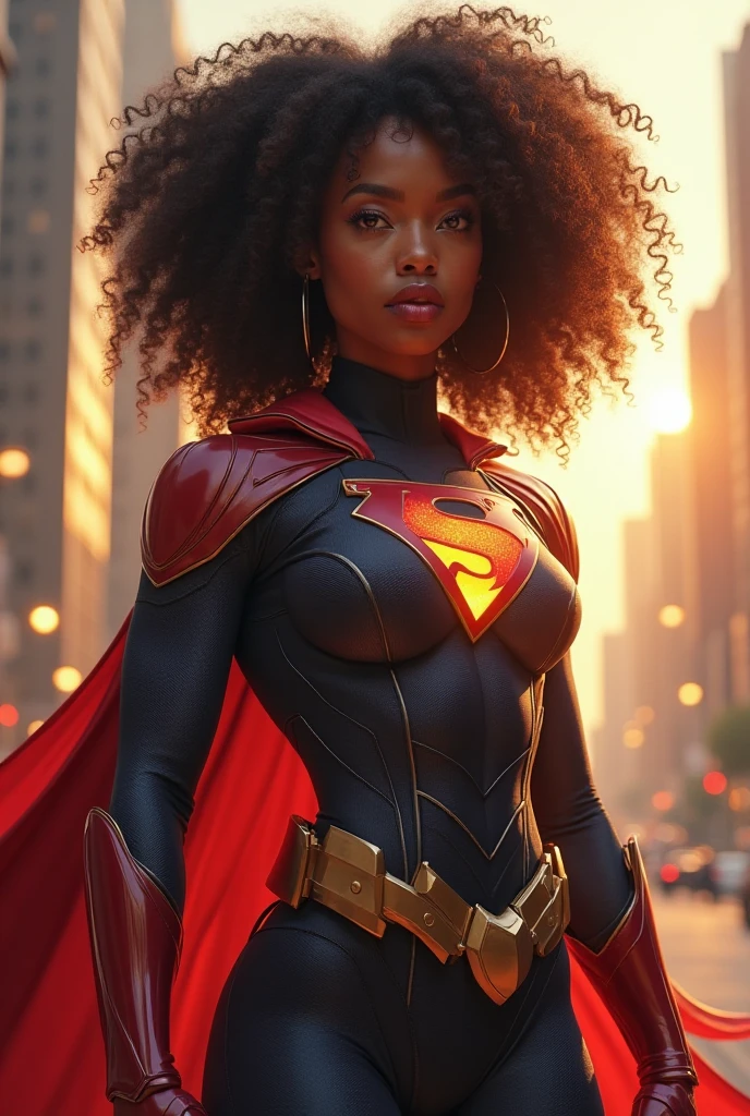 An animated, comic African American with red afro, with a black covering over her eyes. Athletic, curvy body, serious and confident. Wering a sexy red superhero suit with a utility belt. Cityscape.