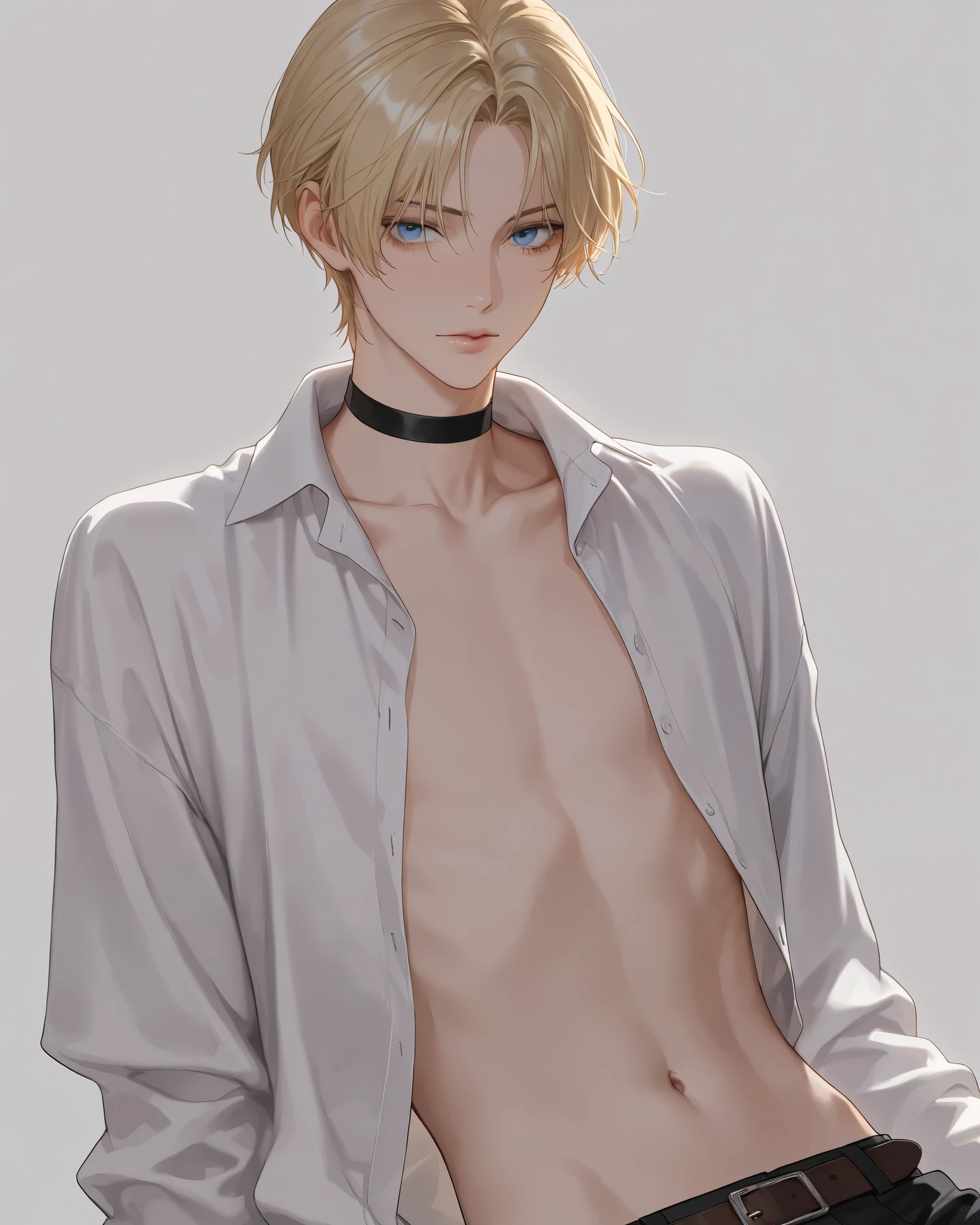 1 boy,Beautiful,12 years, skinny and cute, perfect face, HD face, ultra detailed face, short hair, blonde hair, dirty hair, a vampire,ultra detailed, Ultra HD, shirtless,shy in lowered shorts, full length, with collar