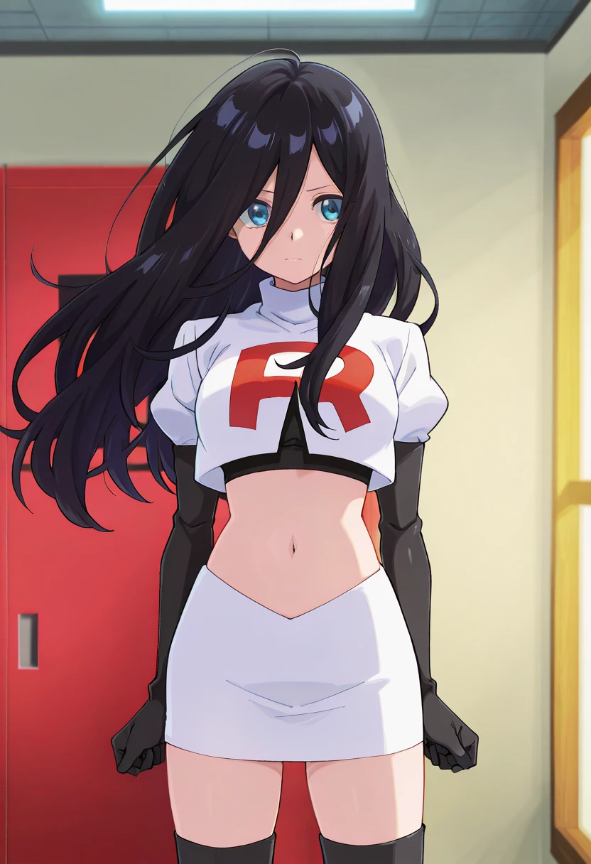 masterpiece, best quality, ((solo)), shiny skin, shiny clothes, <lora:team-rocket-uniform-08:1>, team rocket uniform, white jacket, white skirt, black thighhigh boots, <lora:Nagatoro_V3:0.6> nagatoro hayase, black hair, dark-skinned female, hair ornament, brown eyes, grin, cutesy pose,