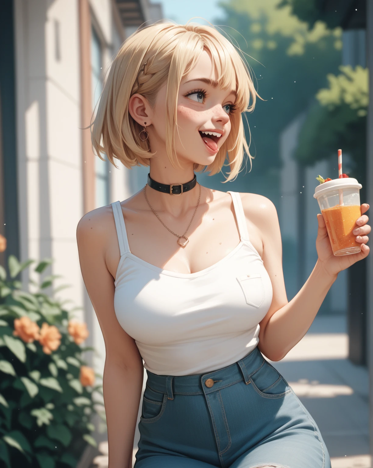 masterpiece, soft light, low depth of field, 8k, cute, 18-year old girl, 1girl, from above, short blonde hair,  slim body, green pupils, glossy lips, shiny skin,  happy, tank top, denim skirt, purse, mall, rossdraws pastel vibrant,