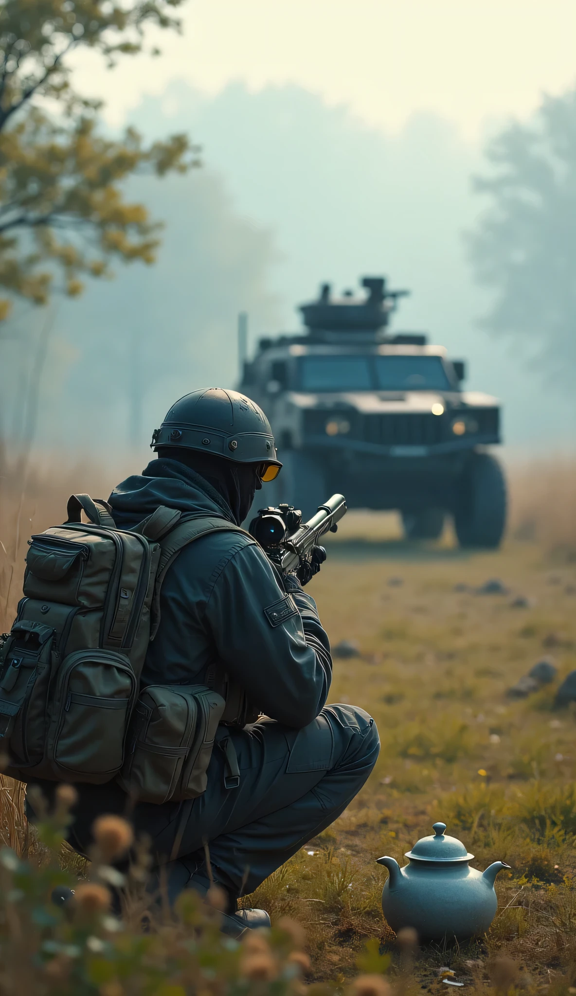 A sniper in a helmet with a visor on his back hiking backpack sniper shoots at black armor car in a car porcelain teapot