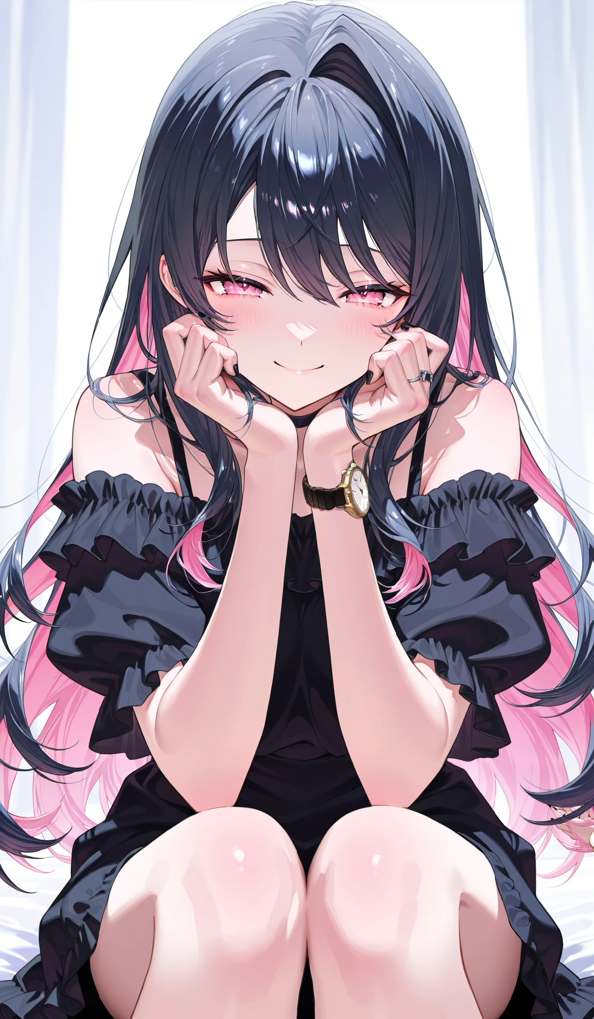 one woman、 black hair、 pink inner color hair、Intake、 pink eyes、 with semi-closed eyes 、 shy expression、 long hair、 wave hair、Black Nails、 Ruffled Clothes 、 indoor、 Sitting、 smile、 Watch Viewers 、
Masterpiece、 top quality、