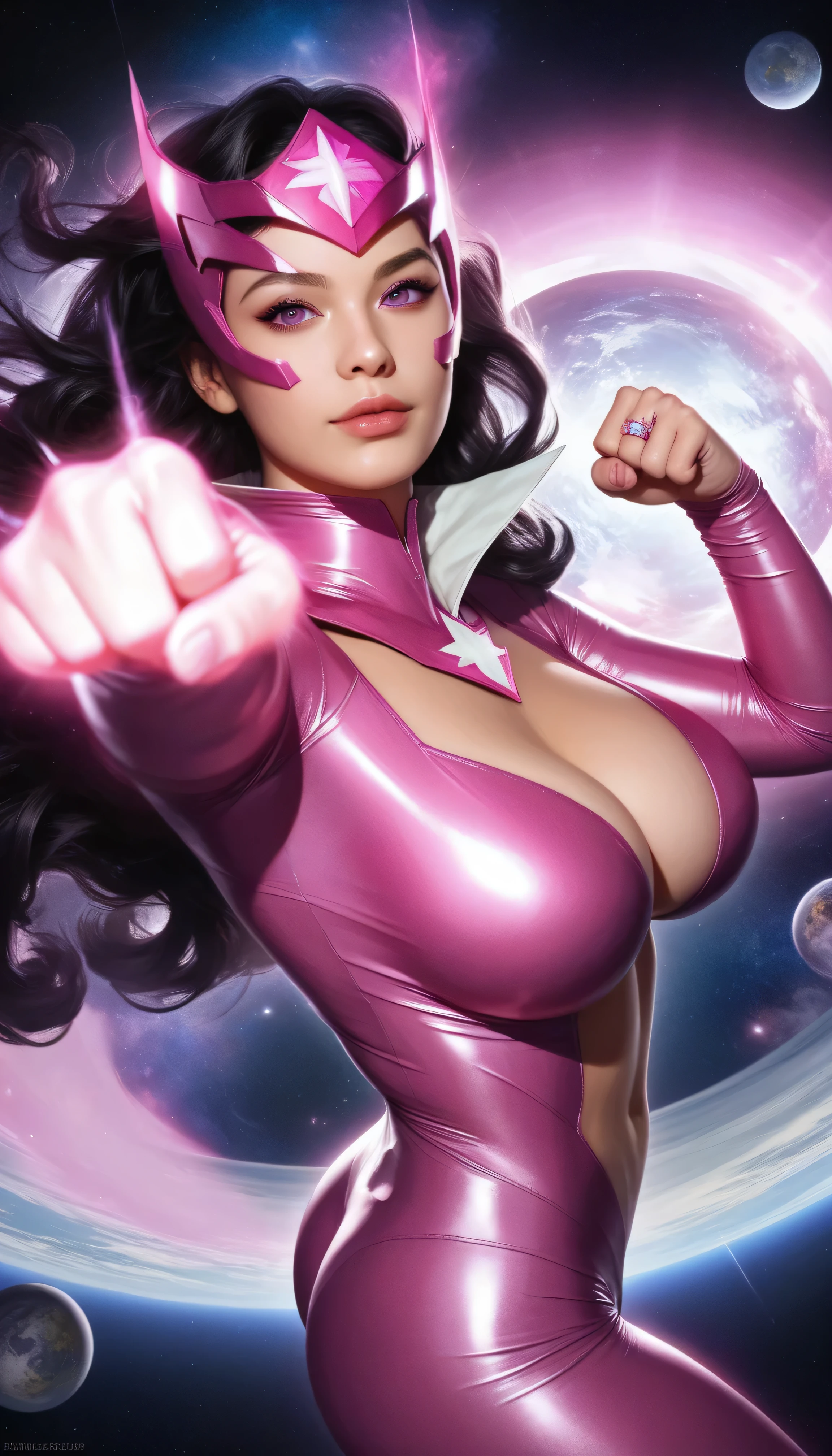 Rita Faltoyano vestindo um traje espacial justo branco com detalhes em vermelho futurista cybberpunk, while flying through space on a surfboard. (((corpo inteiro))) in comic book panel, full body, bold lineart illustration comic, seductive blue eyes, parted lips, perfect body, curvy, fitness, nsfw, in the style of Adam Hughes, (((obra prima))), (((adulto))) Explore retro-futuristic aesthetics, highlighting her confidence and skill as she challenges the limits of the cosmos. 