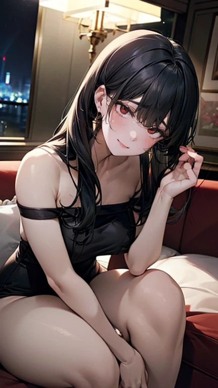 1girl, solo, long hair, breasts, looking at viewer, bangs, black hair, thighhighs, hat, cleavage, medium breasts, pink hair, heart, multicolored hair, sleeveless, black thighhighs, two-tone hair, leaning forward, nurse cap, nurse, split-color hair