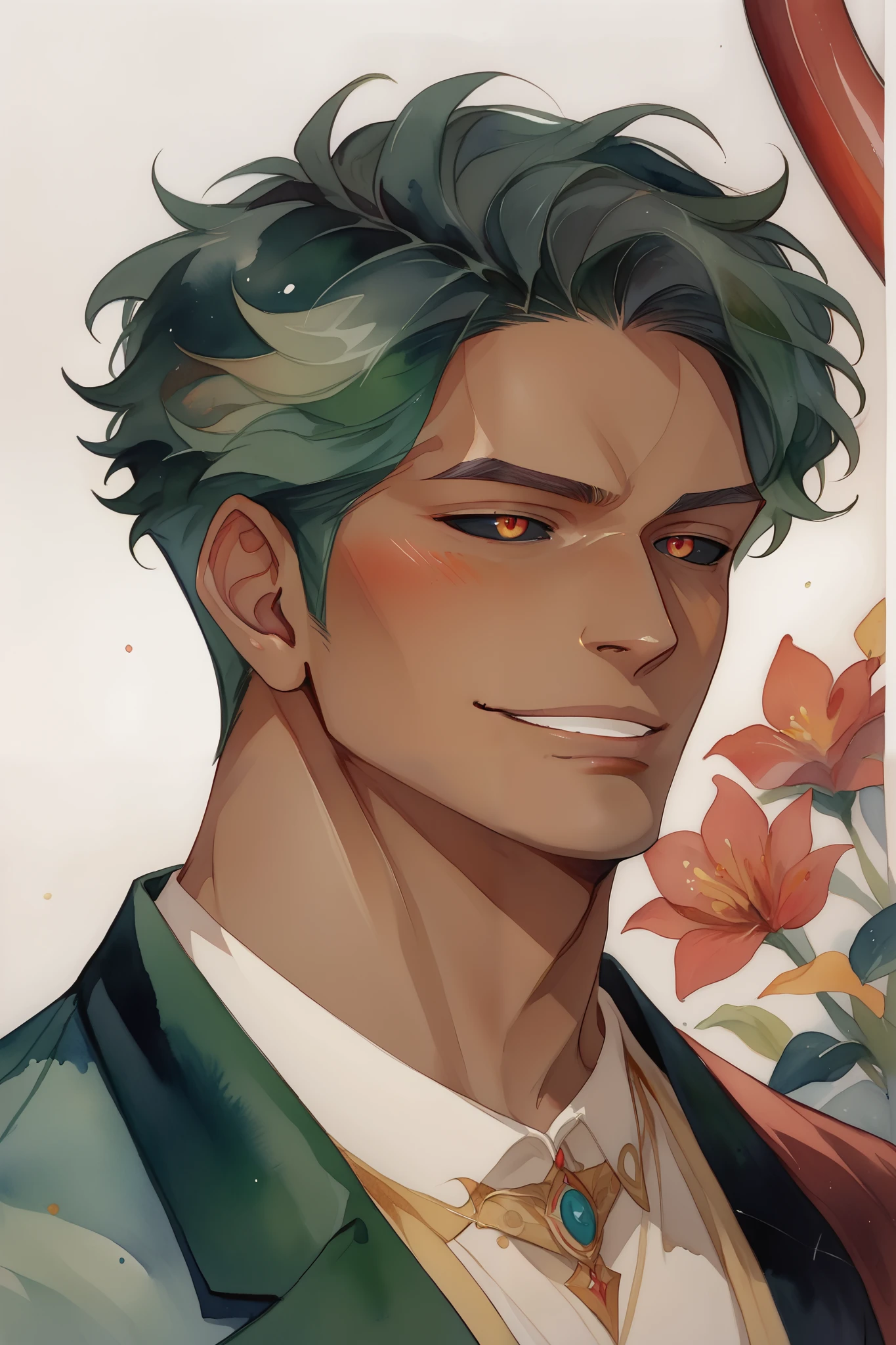 watercolor \(medium\), traditional media,1male, mature male, male fantasy attire, taller frame, upper view, dark skin, dark green hair, fluffy hair, Black sclera, red iris, devil smirk, blushing, wearing a formal outfit, golden jewelry, holding a long scythe, posing, detailed image, best quality, high resolution, 8k