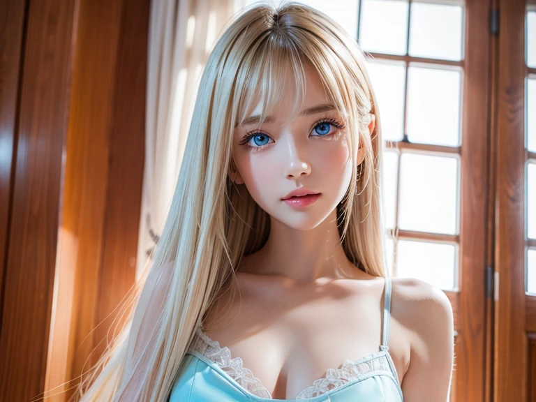 girl portrait, petite girl, micro swimsuit, baby, , masterpiece, micro bikini, sleepy eyes, soft smile, aside, beautiful face, proud, girl, blue sky, long blonde hair, shiny skin, white smooth skin, very detailed beautiful eyes, sexy and beautiful caucasian woman, official portrait, solo, loli, ,big bts