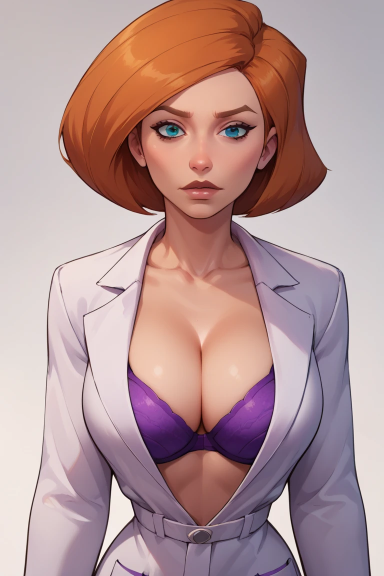 score_9, score_8_up, score_7_up, BREAK, 1girl, solo, breasts,  annpossible, mature female, lab coat, purple bra, large breast, cleavage, portrait, looking at viewer, simple background, gradient background,