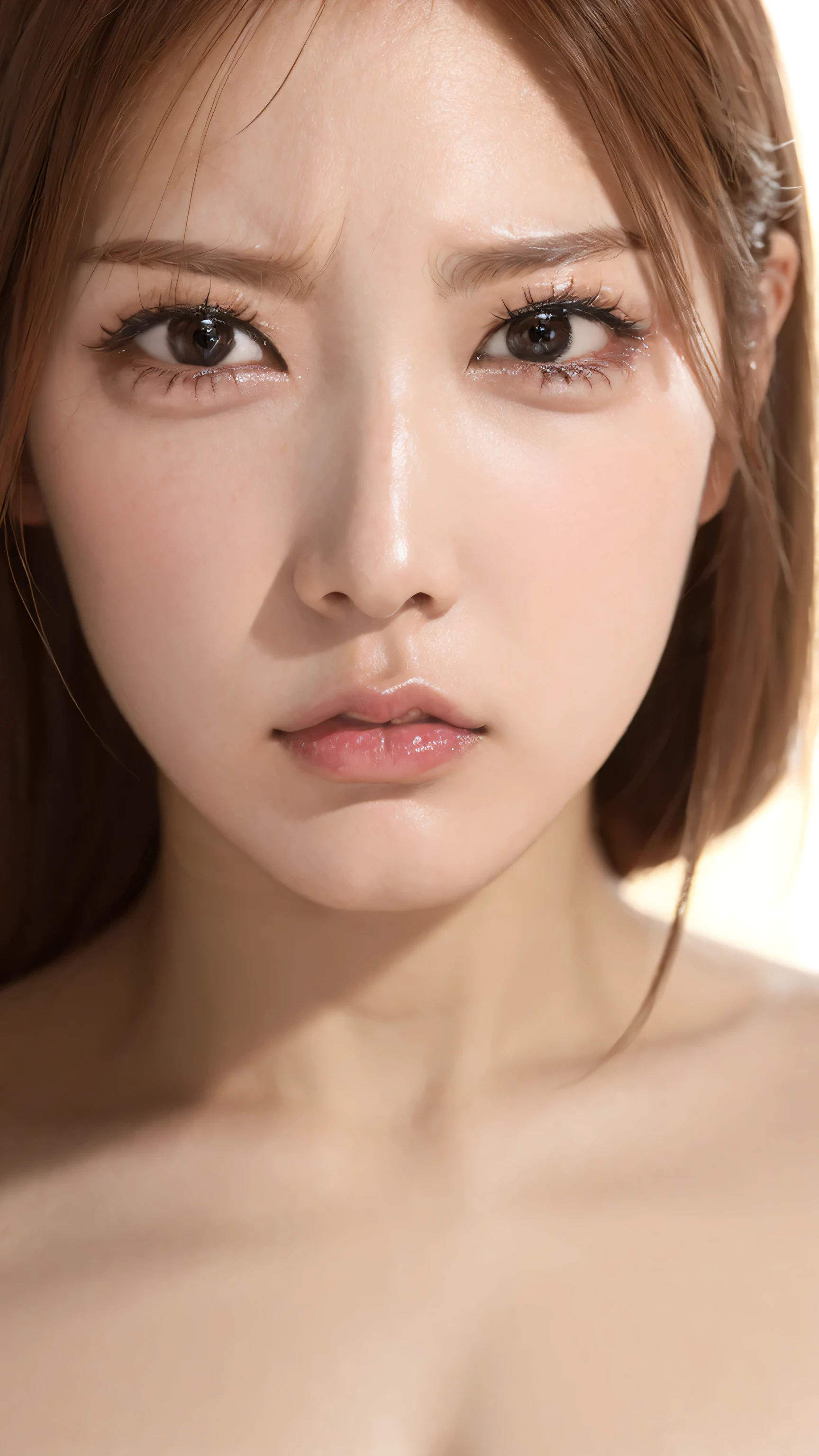 Face Zoom、 high quality close-up 、 Face Up 、 VERY REALISTIC SKIN 、 Very Well-Faced Woman 、 4 angry women 、 An angry raised eyebrow 、 She's staring into our eyes 、 Very angry look 、 、 completely naked、 、I'm naked 。 . . The background is simple , face up from the front