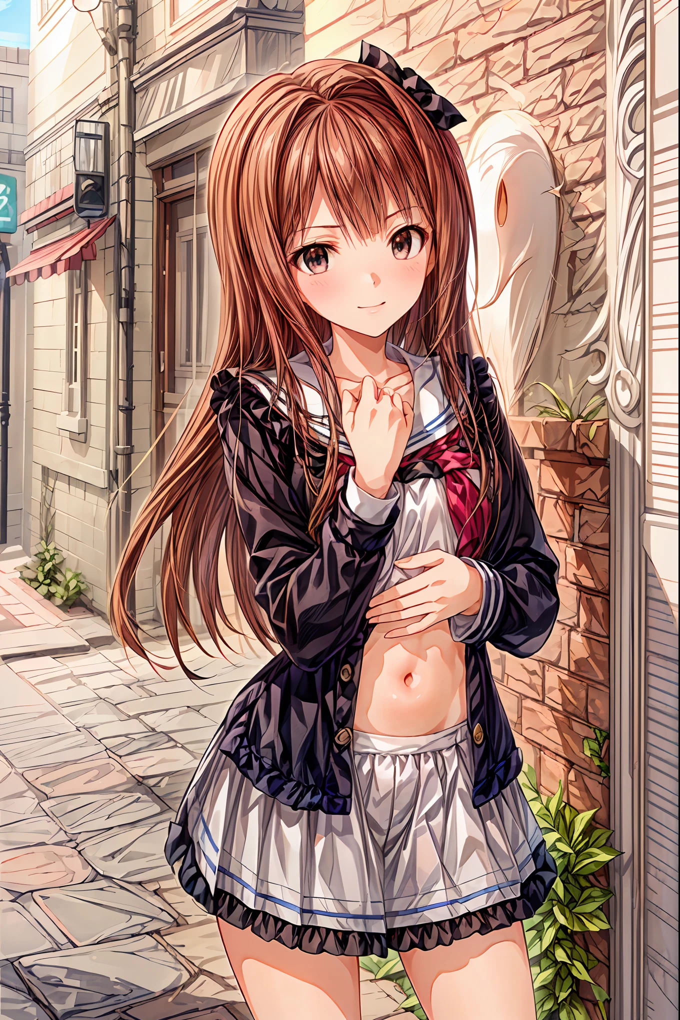 masterpiece, top quality, 非常に DetailsなCG Unity 8K壁紙 , Ultra-realistic 8K CG, perfect artwork , Perfect Female Body Type, Dramatic shadows , ( spotlight, viewer , Details light , ((( 1 girl))), (( SHARP FACE )), (( brown hair, wave hair)), ((( sexy pose))), model body type , I can see my belly button, Watch viewers with small breasts , (( cute face)), ( smiles gently: 1.2), ( asymmetrical bangs that grab the chest , beautiful eyelashes ), Beautiful appearance, (Beautiful bust line:1.2), (Chest), beautiful girl, beautiful facial features that describe a perfect face, cold, Natural Beauty , slender body, Light and beautiful thigh expression , high school girl, high school uniforms , Show me sailor suits, pleated skirt , loose socks, in front of a wall full of graffiti , night , ((( leaning against the wall, standing))), Award-Winning Photos Cuddling From Behind, Details, realistic light and shadow , 8k resolution, professional lighting , ( shiny skin around:0.9), Perfect Hands, Hair, Shortcut with Bangs, unkempt hair,Short braided hair,Neat, slender beautiful woman,Correct posture,Small chest, beautiful legs, has enchanting gray-blue eyes that shine like stars, droopy eyes , vibrant colors, beautiful eyes,A delicate smile,Textured Skin, Best Quality at its Best , gentle and beautiful woman , anime style、