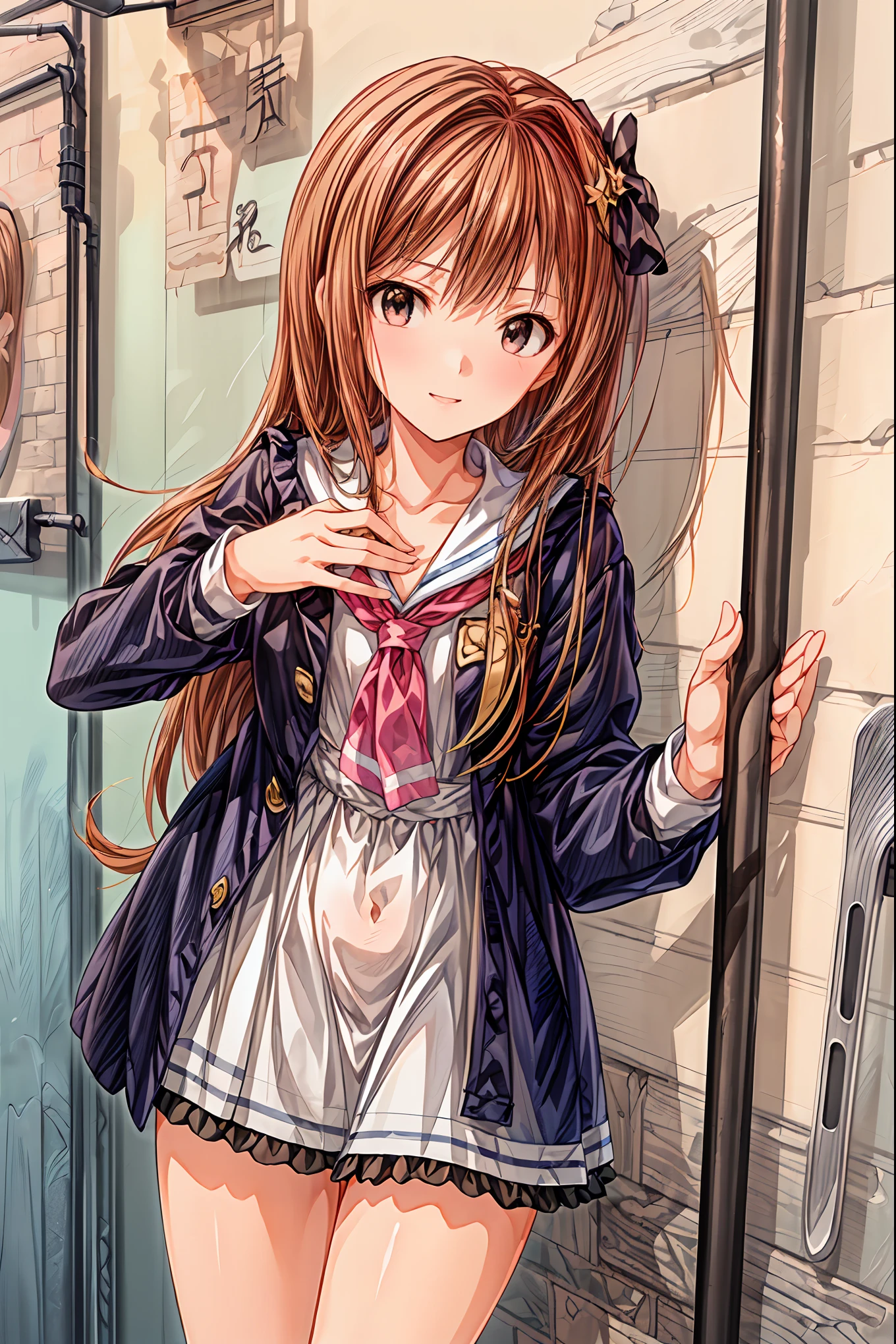 masterpiece, top quality, 非常に DetailsなCG Unity 8K壁紙 , Ultra-realistic 8K CG, perfect artwork , Perfect Female Body Type, Dramatic shadows , ( spotlight, viewer , Details light , ((( 1 girl))), (( SHARP FACE )), (( brown hair, wave hair)), ((( sexy pose))), model body type , I can see my belly button, Watch viewers with small breasts , (( cute face)), ( smiles gently: 1.2), ( asymmetrical bangs that grab the chest , beautiful eyelashes ), Beautiful appearance, (Beautiful bust line:1.2), (Chest), beautiful girl, beautiful facial features that describe a perfect face, cold, Natural Beauty , slender body, Light and beautiful thigh expression , high school girl, high school uniforms , Show me sailor suits, pleated skirt , loose socks, in front of a wall full of graffiti , night , ((( leaning against the wall, standing))), Award-Winning Photos Cuddling From Behind, Details, realistic light and shadow , 8k resolution, professional lighting , ( shiny skin around:0.9), Perfect Hands, Hair, Shortcut with Bangs, unkempt hair,Short braided hair,Neat, slender beautiful woman,Correct posture,Small chest, beautiful legs, has enchanting gray-blue eyes that shine like stars, droopy eyes , vibrant colors, beautiful eyes,A delicate smile,Textured Skin, Best Quality at its Best , gentle and beautiful woman , anime style、