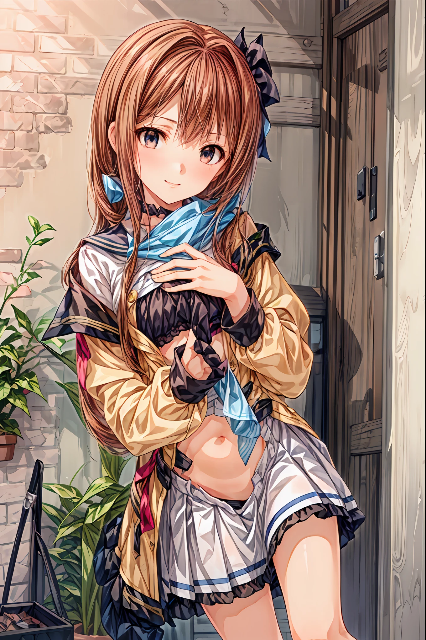 masterpiece, top quality, 非常に DetailsなCG Unity 8K壁紙 , Ultra-realistic 8K CG, perfect artwork , Perfect Female Body Type, Dramatic shadows , ( spotlight, viewer , Details light , ((( 1 girl))), (( SHARP FACE )), (( brown hair, wave hair)), ((( sexy pose))), model body type , I can see my belly button, Watch viewers with small breasts , (( cute face)), ( smiles gently: 1.2), ( asymmetrical bangs that grab the chest , beautiful eyelashes ), Beautiful appearance, (Beautiful bust line:1.2), (Chest), beautiful girl, beautiful facial features that describe a perfect face, cold, Natural Beauty , slender body, Light and beautiful thigh expression , high school girl, high school uniforms , Show me sailor suits, pleated skirt , loose socks, in front of a wall full of graffiti , night , ((( leaning against the wall, standing))), Award-Winning Photos Cuddling From Behind, Details, realistic light and shadow , 8k resolution, professional lighting , ( shiny skin around:0.9), Perfect Hands, Hair, Shortcut with Bangs, unkempt hair,Short braided hair,Neat, slender beautiful woman,Correct posture,Small chest, beautiful legs, has enchanting gray-blue eyes that shine like stars, droopy eyes , vibrant colors, beautiful eyes,A delicate smile,Textured Skin, Best Quality at its Best , gentle and beautiful woman , anime style、