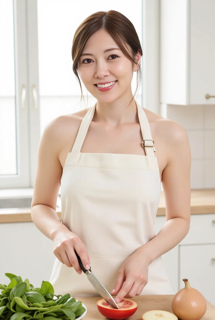 (table top、highest quality、8K、Award-winning work、ultra high resolution)、one beautiful woman、(wearing the most natural and perfect apron:1.1)、(naked apron:1.2)、ponytailed hair、(Look at me with your best smile:1.1)、(Show your beautiful teeth and have the best smile:1.1)、perfect beautiful teeth、emphasize body line、(bust up photo:1.1)、(Photo above the waist:1.2)、big breasts、(The most natural and practical kitchen:1.1)、(Perfectly organized and clean kitchen:1.1)、(modern and elegant kitchen:1.1)、(Perfect kitchen with state-of-the-art induction:1.1)、(Beautiful modern kitchen with a unified feel:1.1)、(very bright:1.2)、(very bright and vivid:1.2)、bright、very bright、that'It's very vivid、the most vivid、High chroma、radiant beautiful skin、A refreshing and beautiful perfect window、ultra high resolutionのperfect beautiful teeth、(Ultra high definition glossy skin:1.1)、(very brightly lit、bright and glowing skin:1.2)、Super high-definition sparkling eyes、(accurate anatomy:1.1)、(the most elegant and perfect posture:1.1)、big breasts