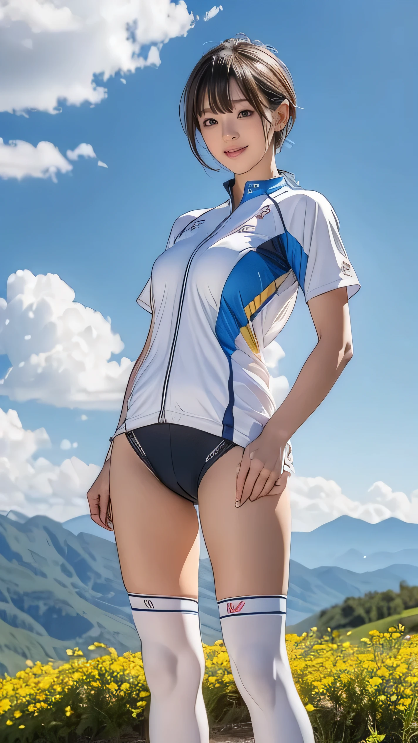 (girl, 14 years old, Same height :1.2) ,masterpiece,Mountain bike,Cycling Enthusiasts,beautiful girl,Professional attire,Blue sky and white clouds,8k, 日本のgirl , (smile:0.7), smile, Very short hair , Camel Toe, (High color saturation:1.0), (skin is very delicate), (Highest quality:1.0), (Ultra-high resolution:1.0) ,(Actual:1.0), (Very detailed:1.0), (8k, RAW Photos:1.1)