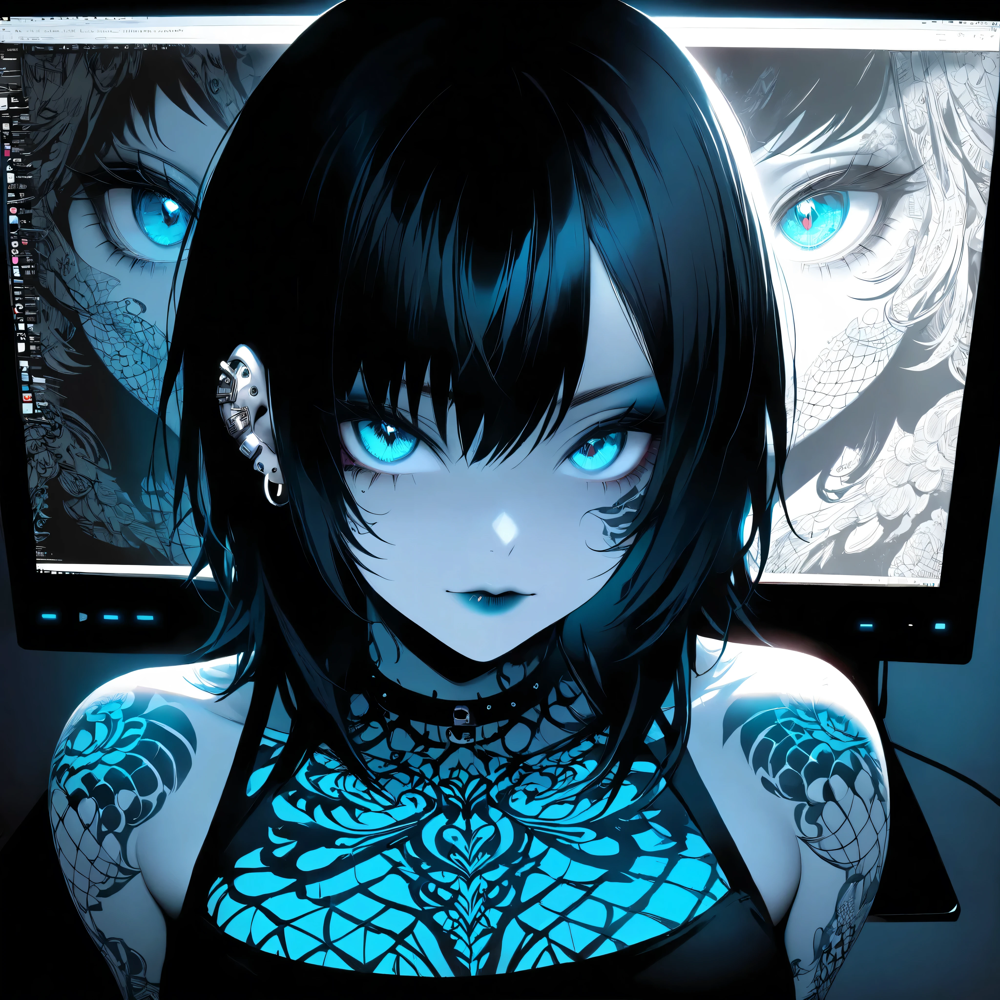 beautiful emo girl , sends me her erotic photos , illustration , bright colors , high-contrast lighting, dark background, tattoo teacher,piercing,emo makeup ,medium:2D art , ultra-detailed, realistic, ( perfect details: 1.5), ( illustration :1.1), ( Very good and beautiful :1.1), ( perfect details:1.1), ( nice and clean background :1.2), ( Extremely detailed computer graphics, very detailed , is the best shadow:1.1), (exquisitely drawn beautiful eyes)