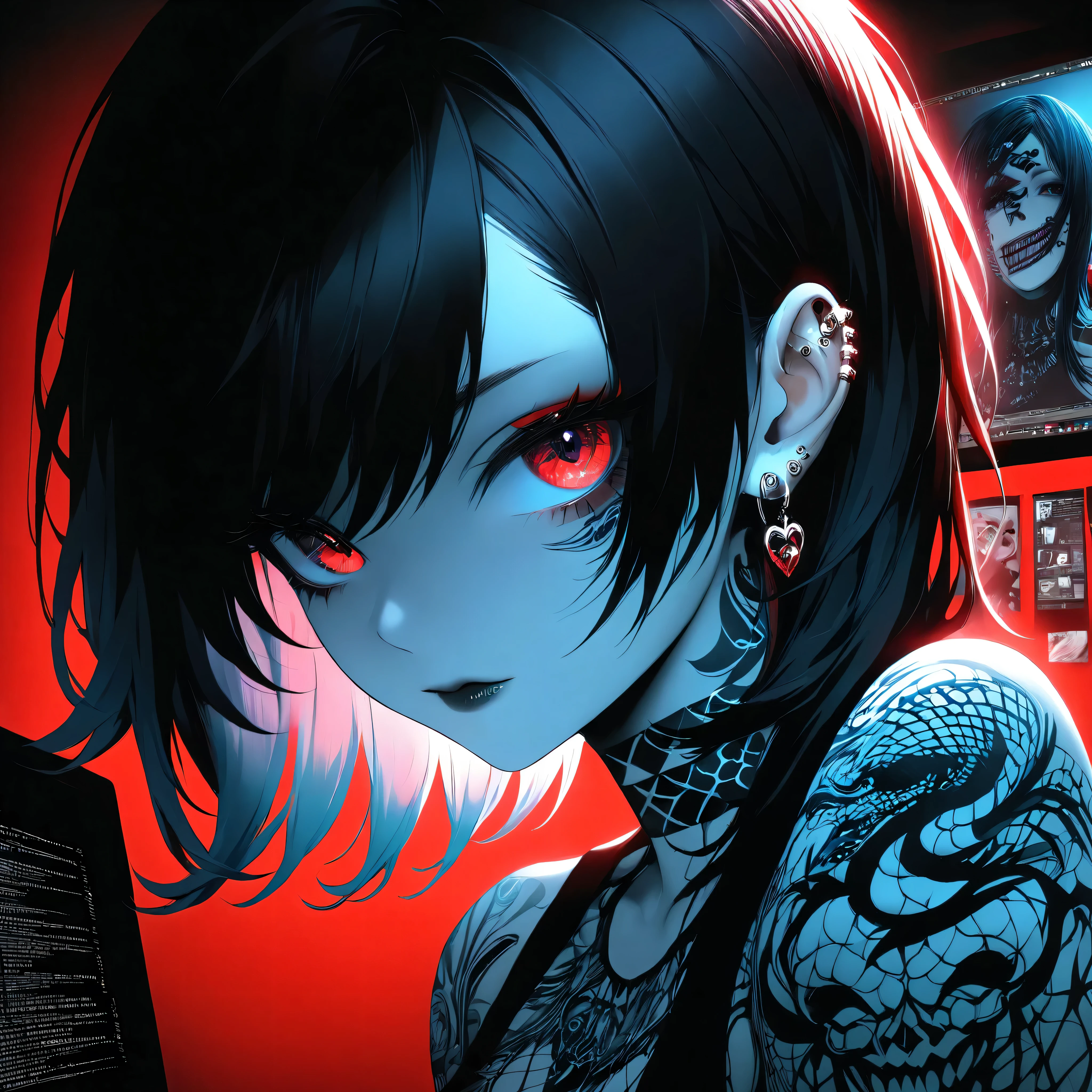 beautiful emo girl , sends me her erotic photos , illustration , bright colors , high-contrast lighting, dark background, tattoo teacher,piercing,emo makeup ,medium:2D art , ultra-detailed, realistic, ( perfect details: 1.5), ( illustration :1.1), ( Very good and beautiful :1.1), ( perfect details:1.1), ( nice and clean background :1.2), ( Extremely detailed computer graphics, very detailed , is the best shadow:1.1), (exquisitely drawn beautiful eyes)
