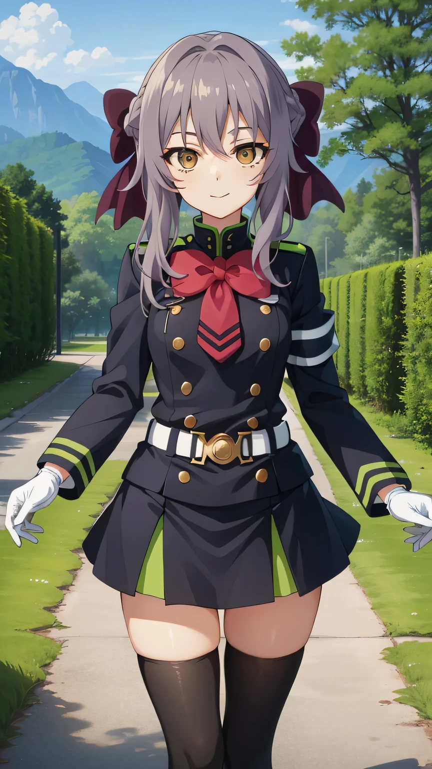 {{{masterpiece}}}, (best quality:1.5), (ultra-detailed:1.5), {illustration}, {{an extremely delicate and beautiful}}, (beautiful detailed eyes:1.6), absurdres, highres, extremely detailed face, 16k, hd, visual anime de uma jovem mulher, extremamente bonito rosto de anime, anime melhor garota, (perfect hands, perfect anatomy), anime face, Hiiragi Shinoa(Owari no Seraph), aashinoa,1girl, solo, cute face, purple hair, crown half up, red hair bow, sidelocks, hair between eye, big eyes, (dark brown eyes:1.5), petite, medium breasts, big hips, curvaceous, BREAK, military uniform, black dress, double-breasted, tuck in, red bowtie, long sleeves, armband, white gloves, white belt, mini skirt, box pleated skirt, black skirt, green folds, black thighhighs, thighs, zettai ryouiki, BREAK, cute face, smug face, smiling, standing, lake, from above, outdoor, mountain, forest, flower garden, praying, mysterious