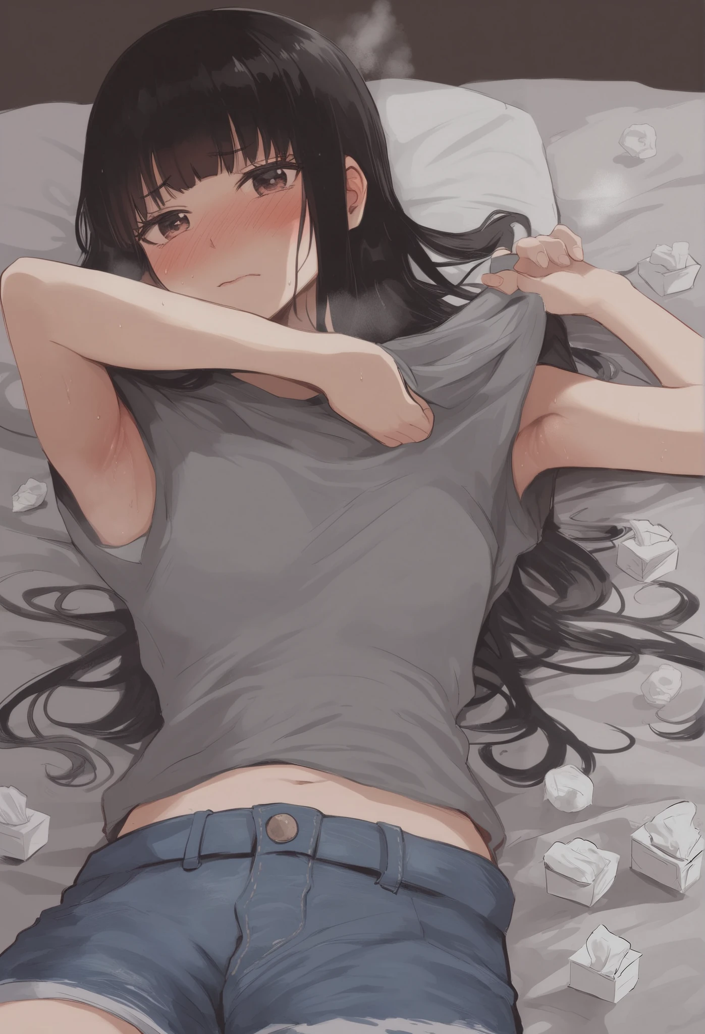 8k, (ultra-detailed:1.3, master piece:1.3, best quality:1.3, high resolution:1.3), 18year old, High school students, 1 person, a girl, beautiful face, large and beautiful breasts, BREAK (long hair, black hair, messy hair), BREAK (white t-shirt, black loungewear shorts:1.3), BREAK (spread legs apart), collarbone, [navel], (overhead view), cowboy shot, (no hat:1.3), white bed, (sleeping, Drool, lying on bed),