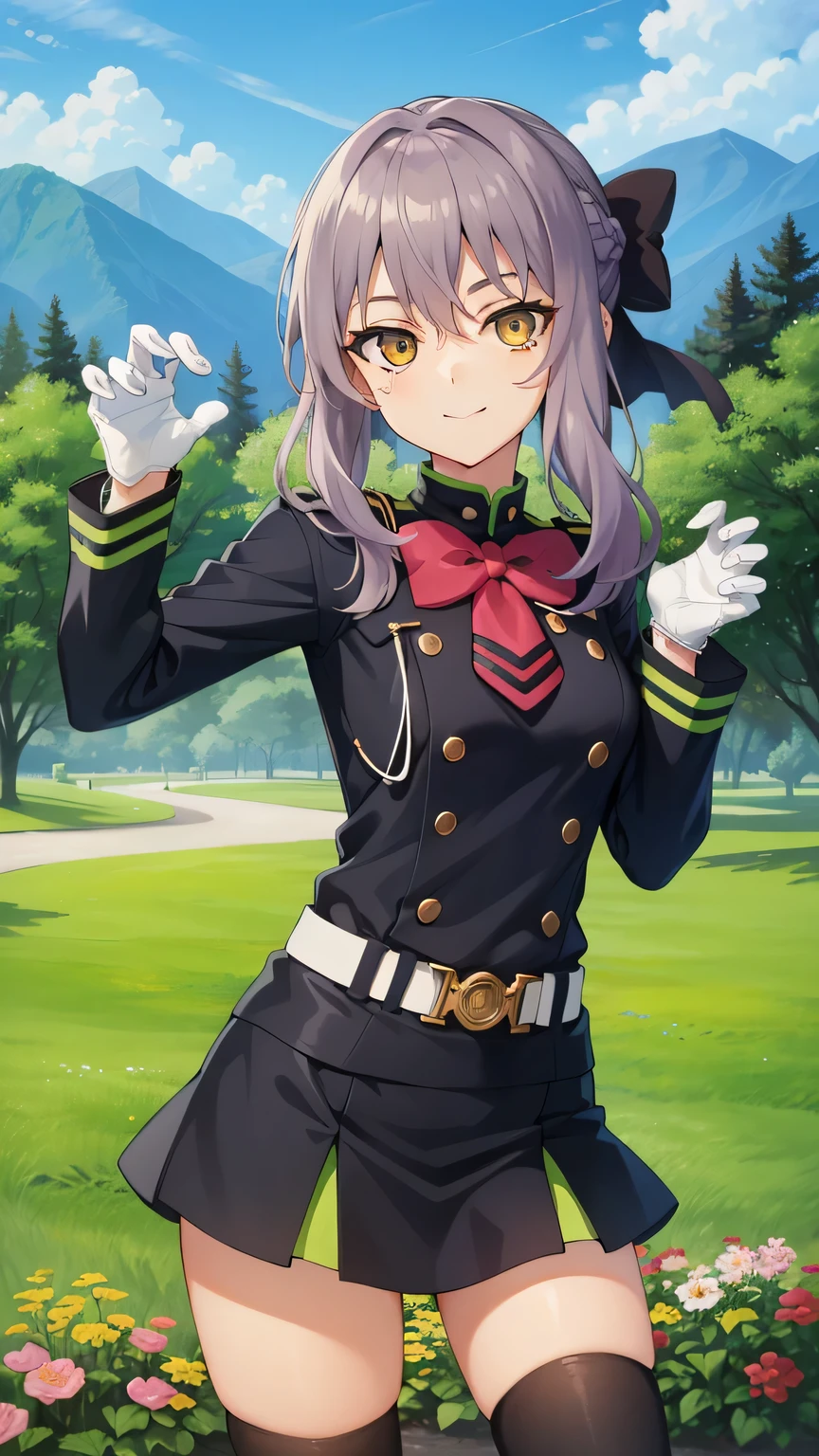{{{masterpiece}}}, (best quality:1.5), (ultra-detailed:1.5), {illustration}, {{an extremely delicate and beautiful}}, (beautiful detailed eyes:1.6), absurdres, highres, extremely detailed face, 16k, hd, visual anime de uma jovem mulher, extremamente bonito rosto de anime, anime melhor garota, (perfect hands, perfect anatomy), anime face, Hiiragi Shinoa(Owari no Seraph), aashinoa,1girl, solo, cute face, purple hair, crown half up, red hair bow, sidelocks, hair between eye, big eyes, (dark brown eyes:1.5), petite, medium breasts, big hips, curvaceous, BREAK, military uniform, black dress, double-breasted, tuck in, red bowtie, long sleeves, armband, white gloves, white belt, mini skirt, box pleated skirt, black skirt, green folds, black thighhighs, thighs, zettai ryouiki, BREAK, (claw pose:1.2), smiling, smirk, smug face, flushed cheeks, looking at viewer, outdoor, mountain, daytime, forest, flower garden, field