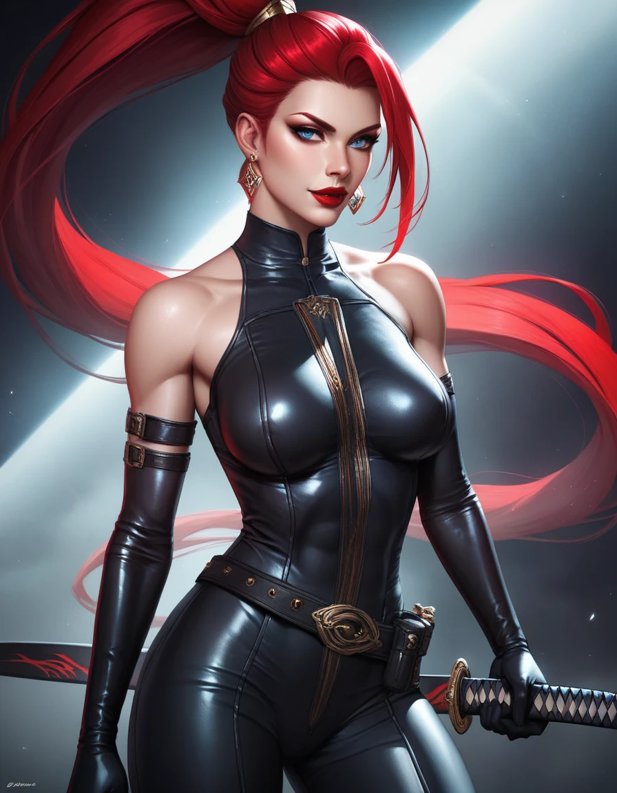 (Natalie Dormer) as Skarlet from Mortal Kombat, assasin, red eyes, red single hair tail, shouler pads, red bodysuit, pelvic curtain, red high knee boots on heels, gauntlets, bandages, knife blades, blood splatters on skin, standing, dungeon, 1woman, solo, full body view, front view, looking at viewer, intricate, high detail, sharp focus, dramatic, photorealistic painting art by greg rutkowski