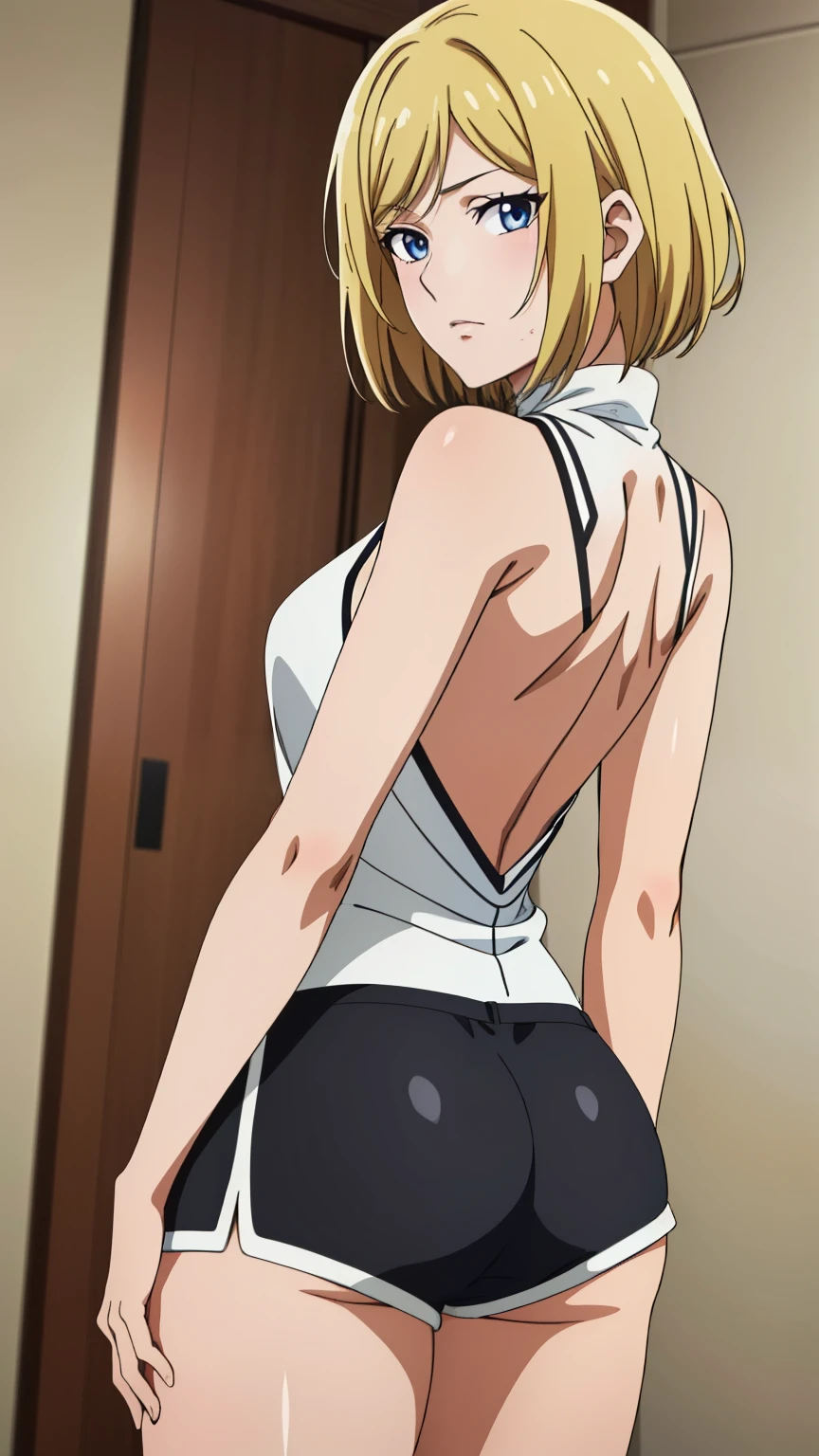 (Top quality, masterpiece, 8k), (Realistic skin texture), (anime coloring), Very detailed, very detailed, perfect face, beautiful eyes, perfect eyes, detailed eyes, feature large highlight, detailed face, ultra-detailed, detailed eyes, symmetrical eyes, (Dynamic angle), (expressionless), Sharp details, sonokata misuzu, blonde hair, short hair, (((short stature))), healthy skin, (half closed eyes:0.8), (mature face:1.4), (nffsw), (black knit, high neck, sleeveless, shorts), (backless:0.9), (back:1.2), (cowboy shot:1.1), looking at the viewer, in the center of the image