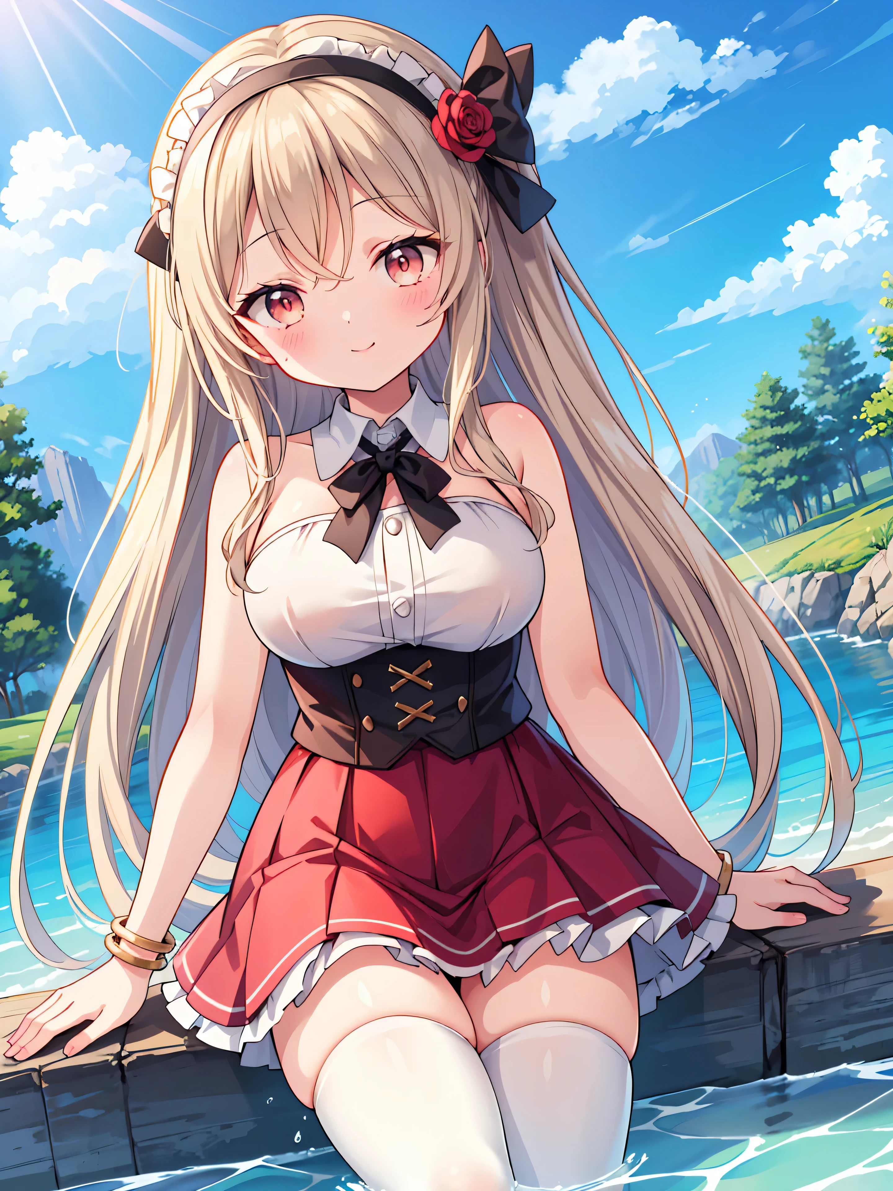 Highly detailed, high quality, masterpiece, beautiful, (all photo shooting), girl student girl, perfect eyes, red eyes, light eyes, blushing face, happy face, upside down, big thighs, medium breast, long hair, light brown hair, with bracelet on hand, bow in hair, flower headband, with nude swimsuit, with black stockings, short mini skirt, sexy, background image on a mountain with water