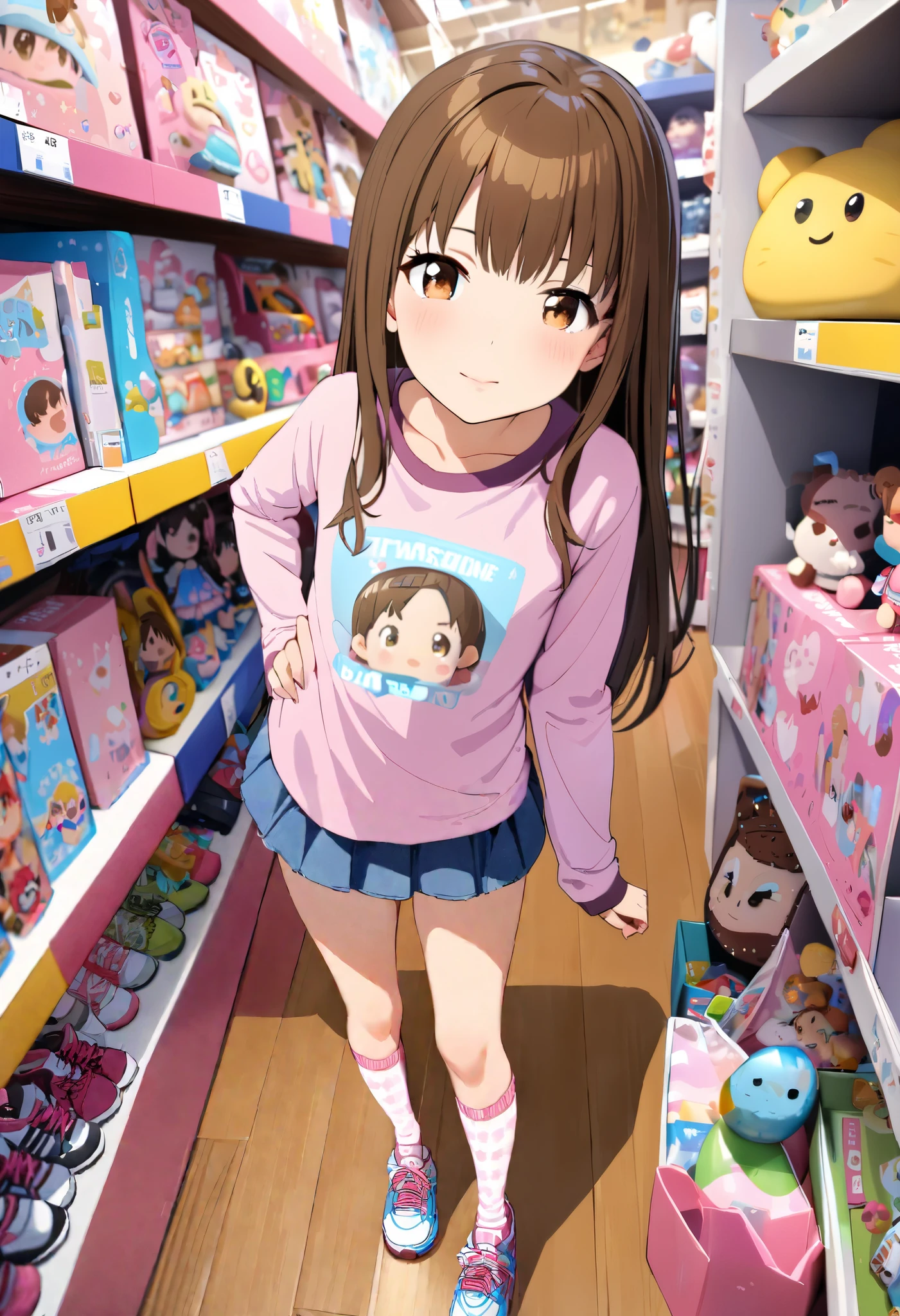 masterpiece, best quality, amazing quality, absurdres, highres, ultra detailed, 1girl, ten, basolo, cute girl, brown hair, long hair, brown eyes, printed t-shirt, long sleeves, flared miniskirt, knee socks, flat chest, pink small-pattern printed socks, standing in toy store, sneakers,