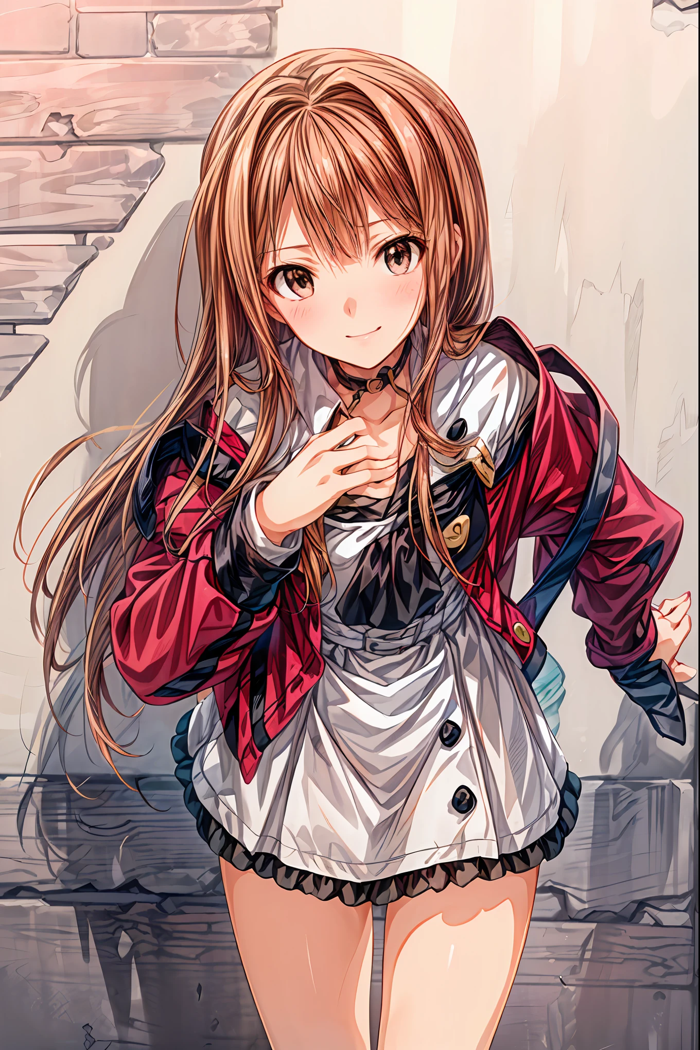 ​masterpiece,  top quality,  非常に DetailsなCG Unity 8K壁紙 , Ultra-realistic 8K CG,  perfect artwork ,  Perfect Female Body Type,  Dramatic shadows , ( spotlight,  viewer ,  Details light , ((( 1 girl))), (( SHARP FACE )), (( brown hair,  wave hair)), ((( sexy pose))),  model body type , Winter clothes， red coat,  Watch viewers with small breasts , (( cute face)), ( smiles gently: 1.2), (  asymmetrical bangs that grab the chest ,   beautiful eyelashes ), Beautiful appearance, (Beautiful bust line:1.2), (Chest),  beautiful girl,  beautiful facial features that describe a perfect face, cold, Natural Beauty ,  slender body,  Light and beautiful thigh expression ,  high school girl,   high school uniforms  ,  Show me sailor suits,  pleated skirt ,   loose socks,   in front of a wall full of graffiti  ,   night , ((( leaning against the wall,  standing))),  Award-Winning Photos Cuddling From Behind,  Details,   realistic light and shadow ,  8k resolution,   professional lighting , ( shiny skin around:0.9),   Perfect Hands, Hair， Shortcut with Bangs， unkempt hair，Short braided hair，Neat， slender beautiful woman，Correct posture，Small chest， beautiful legs， has enchanting gray-blue eyes that shine like stars， droopy eyes ， vibrant colors, beautiful eyes,A delicate smile,Textured Skin, Best Quality at its Best , gentle and beautiful woman , anime style､
