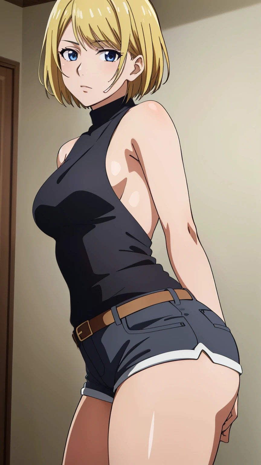 (Top quality, masterpiece, 8k), (Realistic skin texture), (anime coloring), Very detailed, very detailed, perfect face, beautiful eyes, perfect eyes, detailed eyes, feature large highlight, detailed face, ultra-detailed, detailed eyes, symmetrical eyes, (Dynamic angle), (expressionless), Sharp details, sonokata misuzu, blonde hair, short hair, (((short stature))), healthy skin, (half closed eyes:0.8), (mature face:1.4), (nffsw), (black knit, high neck, sleeveless, shorts), (backless:1.0), (back:1.2), (cowboy shot:1.1), looking at the viewer, in the center of the image
