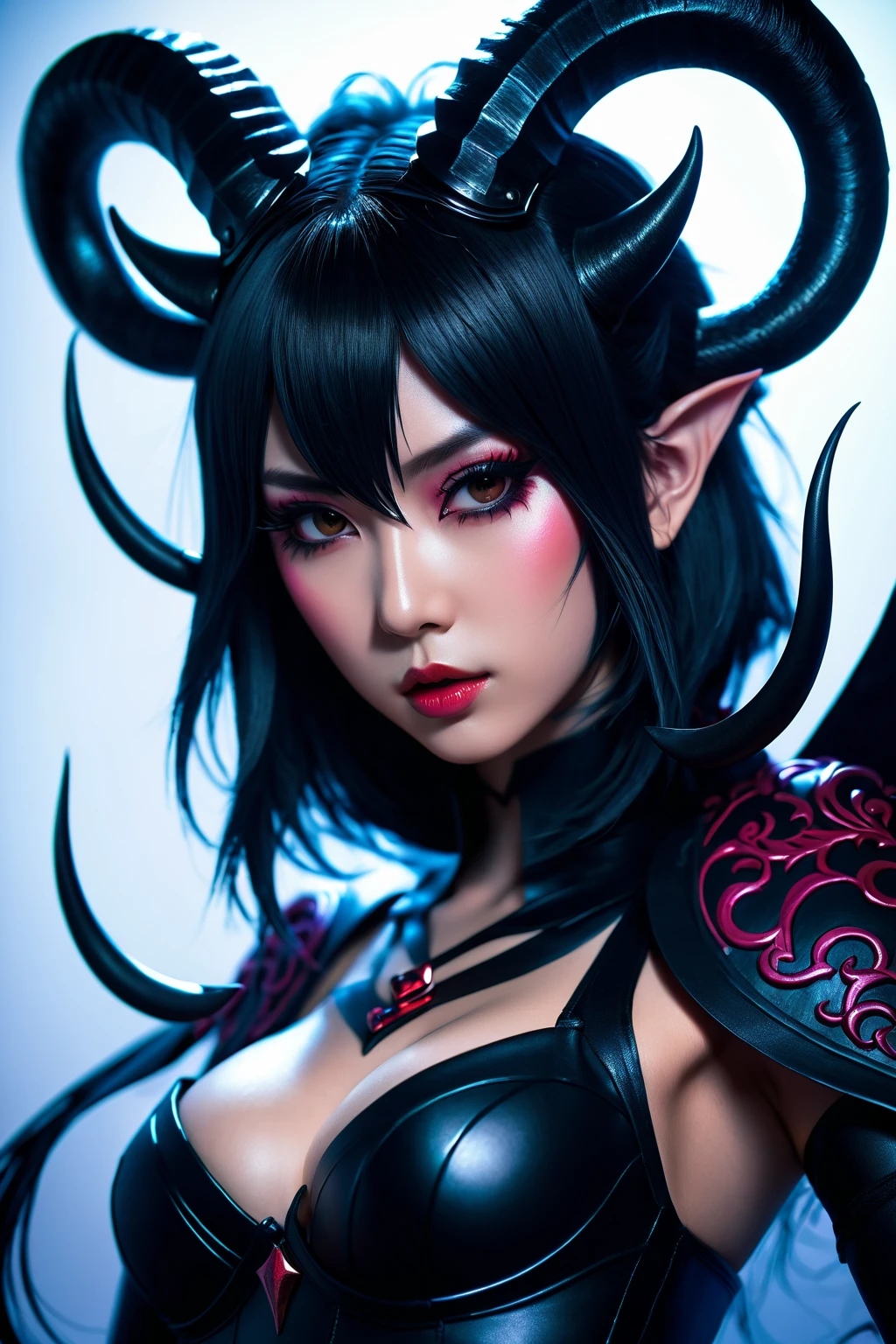 best qualtiy,tmasterpiece,超高分辨率,(Photorealsitic:1.4),RAW photogr,(Authentic skin texture:1.3),(filmgrain:1.3),in a panoramic view,A half body,in the darkness nigth, deep shading, low tune,18yo girl,Inside the volcano,(Huge black demon wings:1.2),Large breasts,Long black hair,Leprechaun ears,(There are large black devil horns on the head:1.2),Black devil costume,Tyndall effect,(goth makeup:1.2,black lip:1.6,black eyeshadows:1.6,Clown mouth:1.6,red color eyes,),Beautiful details for eyes and face,happy laughing,Look to the lens, (in the darkness nigth:1.6)