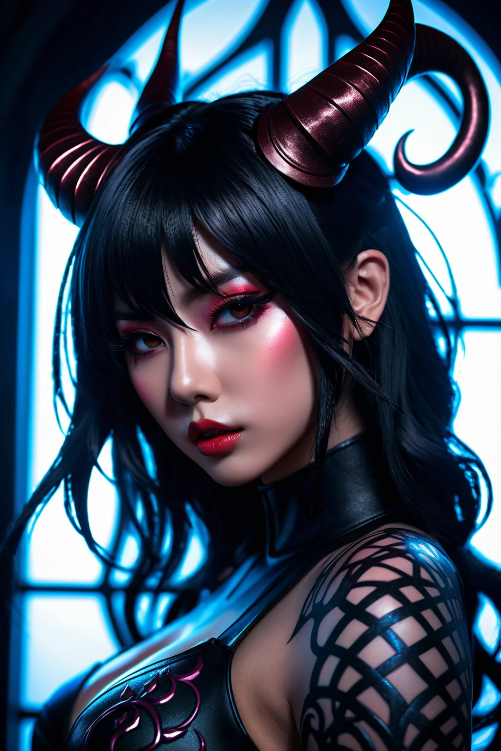 ((ultra realisitic)), ((picture-perfect)), ((face perfect)), ((ultra detaild)), ((fully body)), ((perfectbody)), an oni girl with horns and tribal markings on her body wearing a kimono with drawings, Oni girl inside a flying carriage