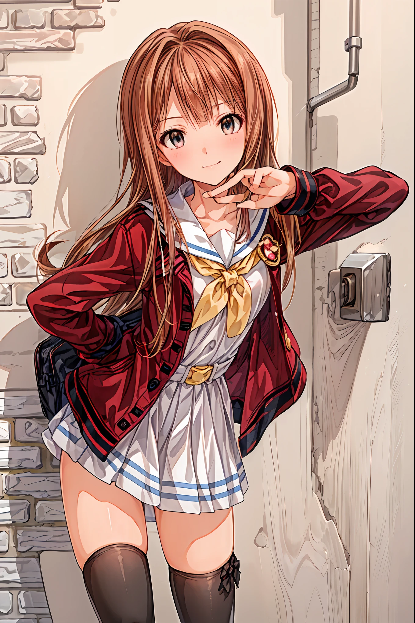 ​masterpiece,  top quality,  非常に DetailsなCG Unity 8K壁紙 , Ultra-realistic 8K CG,  perfect artwork ,  Perfect Female Body Type,  Dramatic shadows , ( spotlight,  viewer ,  Details light , ((( 1 girl))), (( SHARP FACE )), (( brown hair,  wave hair)), ((( sexy pose))),  model body type , Winter clothes， red coat,  Watch viewers with small breasts , (( cute face)), ( smiles gently: 1.2), (  asymmetrical bangs that grab the chest ,   beautiful eyelashes ), Beautiful appearance, (Beautiful bust line:1.2), (Chest),  beautiful girl,  beautiful facial features that describe a perfect face, cold, Natural Beauty ,  slender body,  Light and beautiful thigh expression ,  high school girl,   high school uniforms  ,  Show me sailor suits,  pleated skirt ,   loose socks,   in front of a wall full of graffiti  ,   night , ((( leaning against the wall,  standing))),  Award-Winning Photos Cuddling From Behind,  Details,   realistic light and shadow ,  8k resolution,   professional lighting , ( shiny skin around:0.9),   Perfect Hands, Hair， Shortcut with Bangs， unkempt hair，Short braided hair，Neat， slender beautiful woman，Correct posture，Small chest， beautiful legs， has enchanting gray-blue eyes that shine like stars， droopy eyes ， vibrant colors, beautiful eyes,A delicate smile,Textured Skin, Best Quality at its Best , gentle and beautiful woman , anime style､
