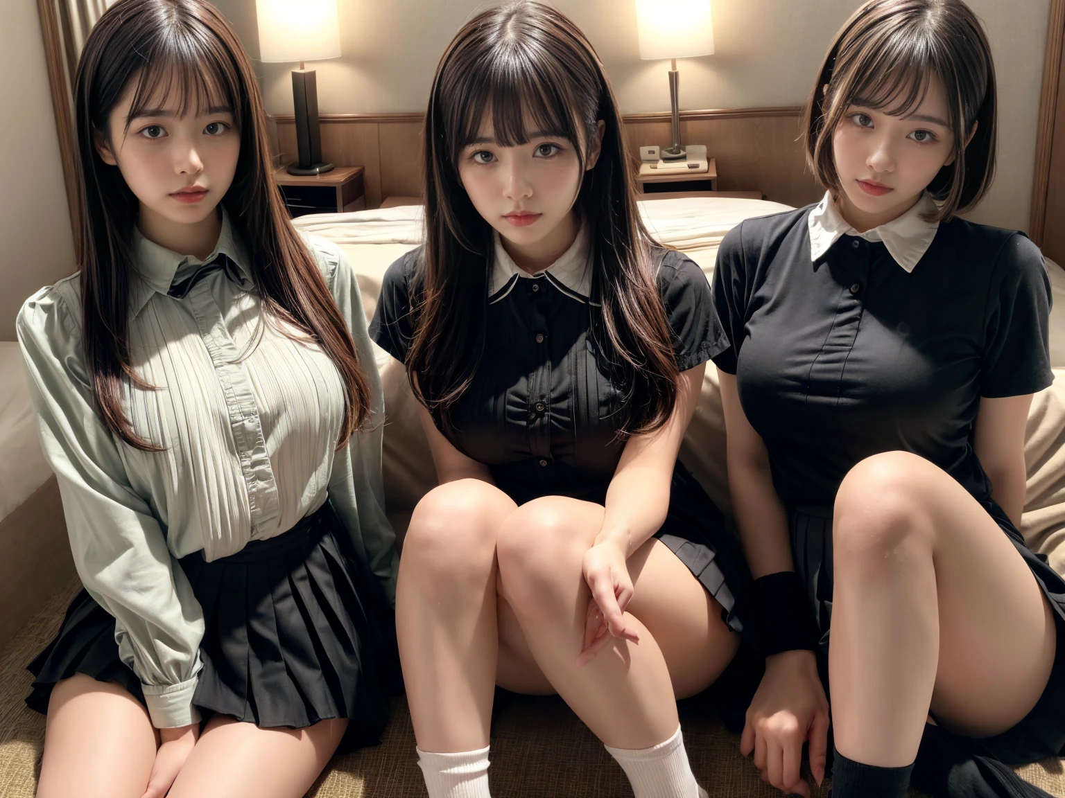 masterpiece, top quality, full body, bangs, black choker, 2girls, lilies, Lesbian kiss, kiss, (black hair), long hair, hug, cleavage, bountiful breasts, gym clothes, navy blue bloomers, slim, see-through, bed, lying,